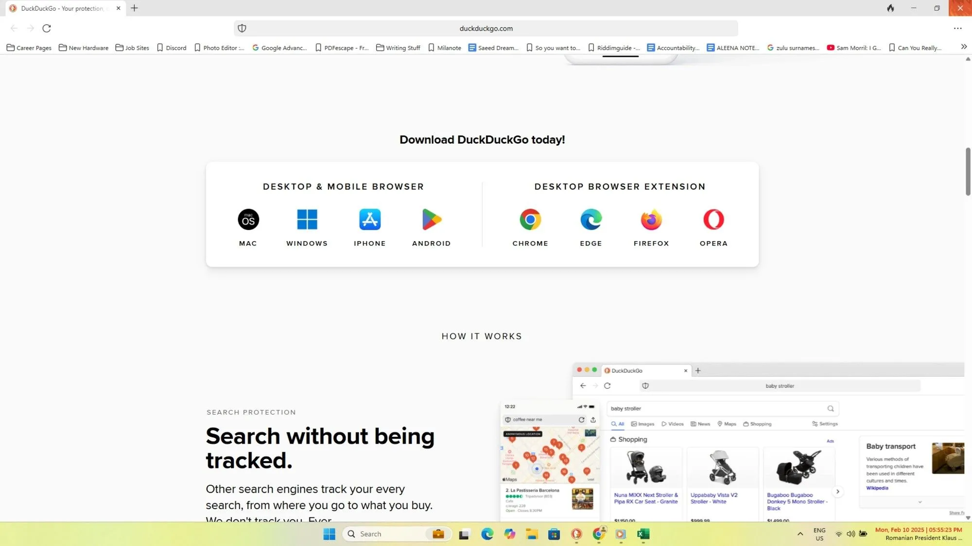 Hình ảnh các biểu tượng hệ điều hành Windows, macOS, Android và iOS, minh họa khả năng tương thích đa nền tảng của trình duyệt DuckDuckGo