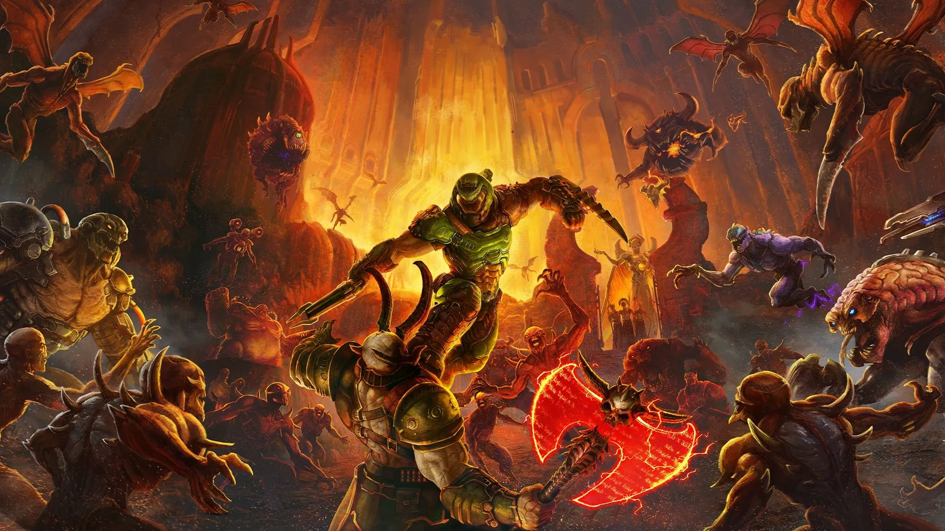 Hình ảnh chìa khóa (key art) của Doom Eternal, thể hiện phong cách chiến binh không gian và sự linh hoạt.