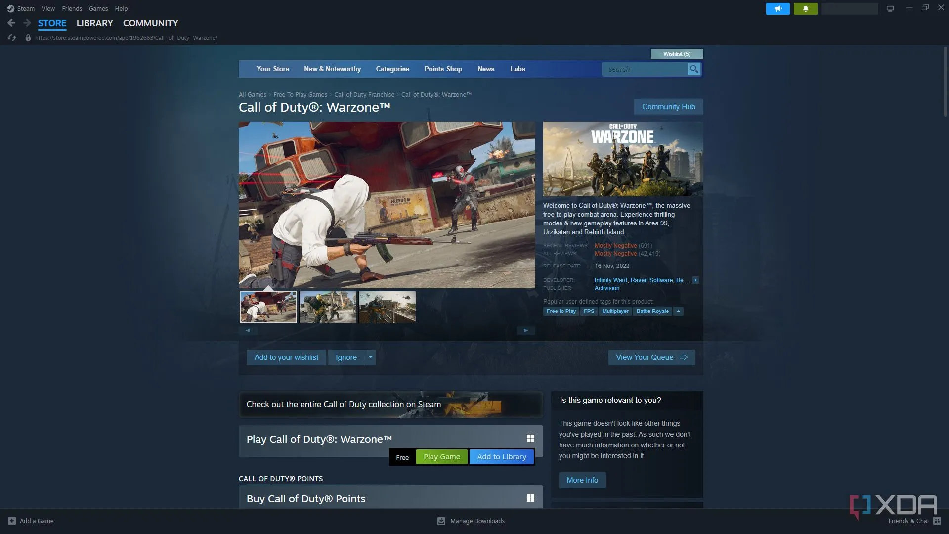 Hình ảnh game Call of Duty: Warzone trên Steam, minh họa một tựa game AAA dung lượng lớn