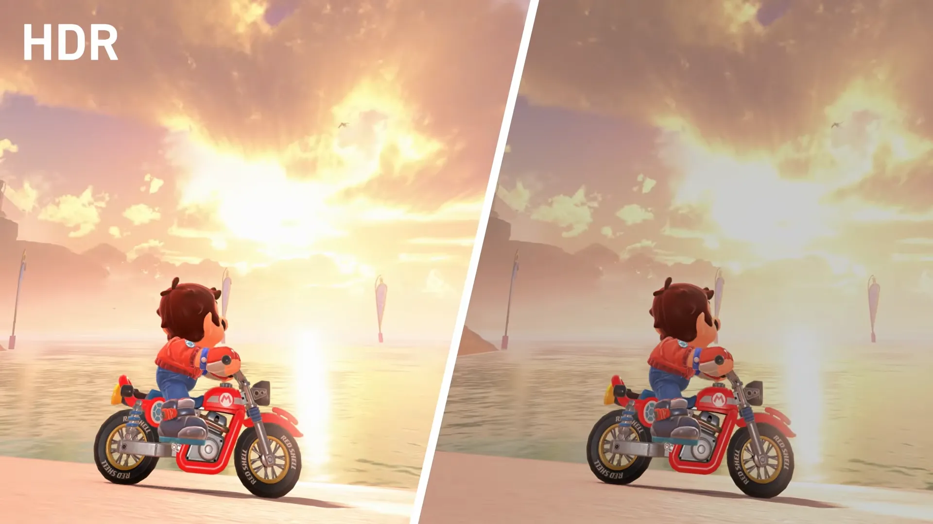 Hình ảnh game Mario Kart World với và không có bật chế độ HDR trên Switch 2
