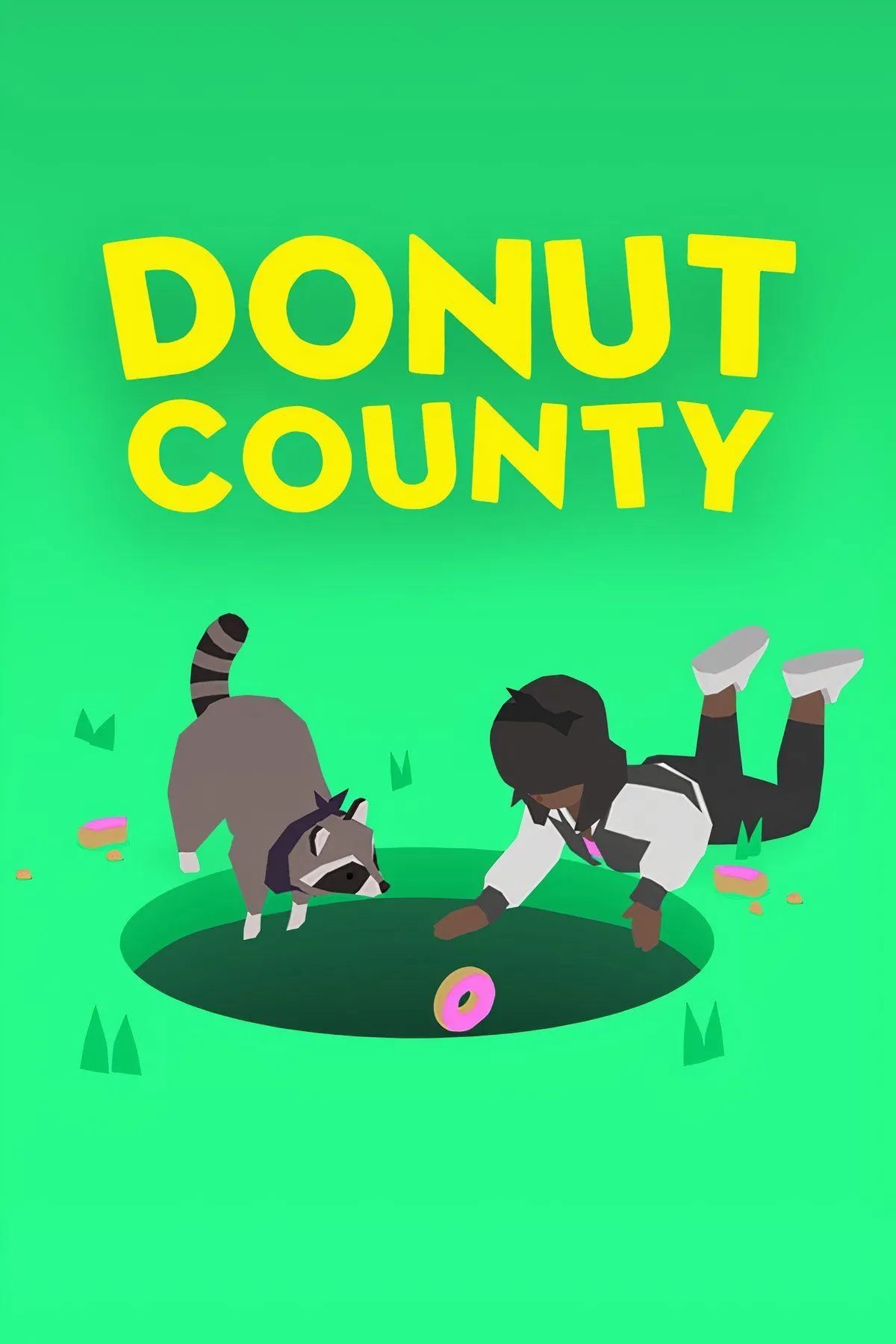 Hình ảnh gameplay Donut County hiển thị một cái lỗ khổng lồ đang hút các vật thể trên mặt đất