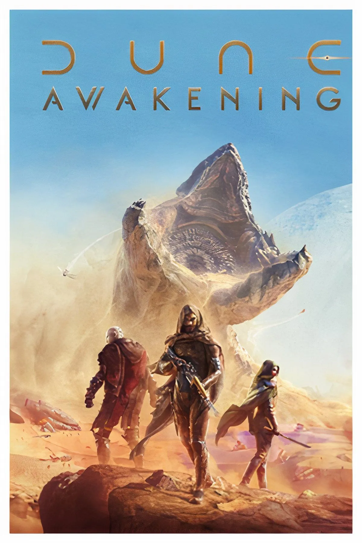 Hình ảnh gameplay Dune: Awakening với nhân vật đứng trên sa mạc Arrakis rộng lớn, phía xa là cơn bão cát