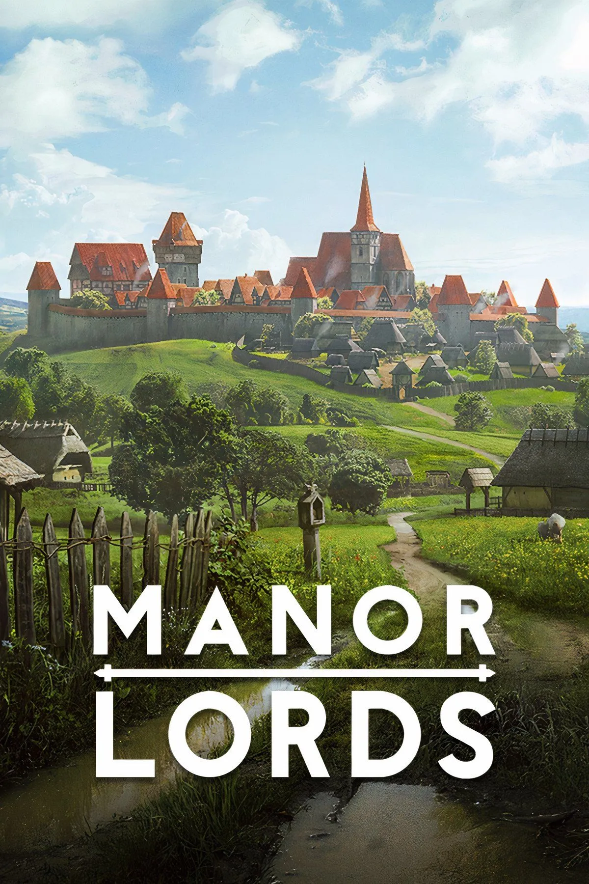 Hình ảnh gameplay Manor Lords, một ngôi làng thời trung cổ với các tòa nhà gỗ và người dân đang hoạt động