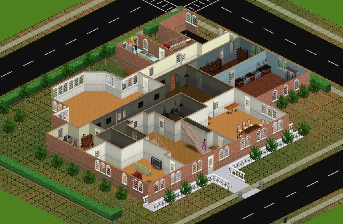 Hình ảnh gameplay The Sims 1, Sims đang vui vẻ tương tác trong nhà với các vật dụng gia đình