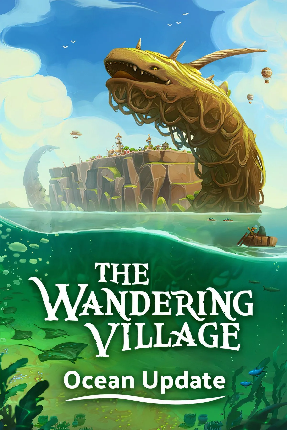 Hình ảnh gameplay The Wandering Village, thể hiện một ngôi làng được xây dựng trên lưng sinh vật Onbu khổng lồ