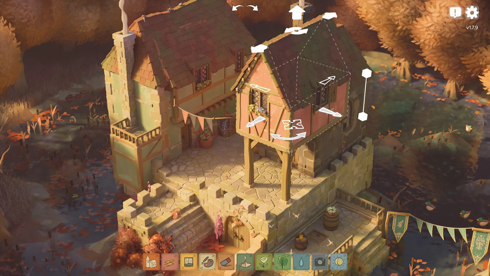 Hình ảnh gameplay Tiny Glade, cho thấy chi tiết kiến trúc của một ngôi nhà lâu đài kiểu trung cổ