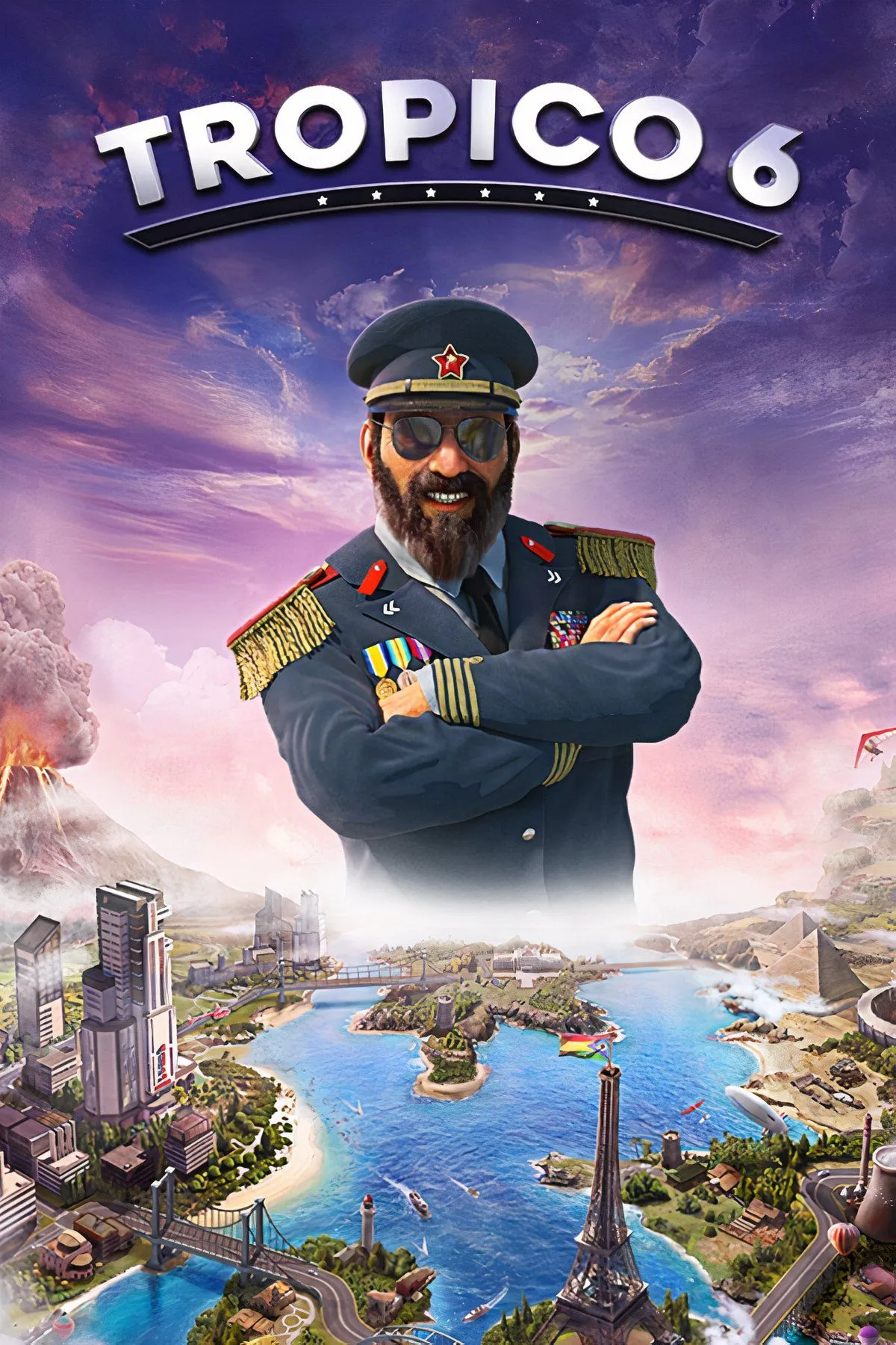 Hình ảnh gameplay Tropico 6, một hòn đảo nhiệt đới với nhiều tòa nhà và cơ sở hạ tầng