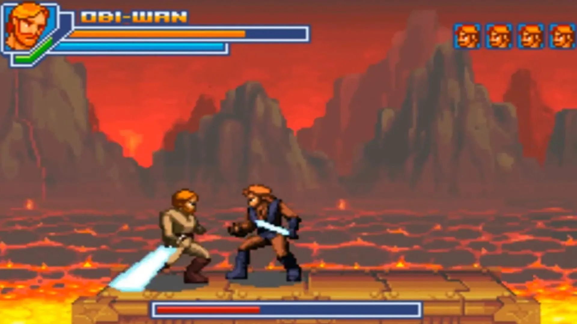 Hình ảnh gameplay từ Star Wars Episode 3: Revenge of the Sith trên Game Boy Advance, thể hiện phong cách 2D side-scrolling.