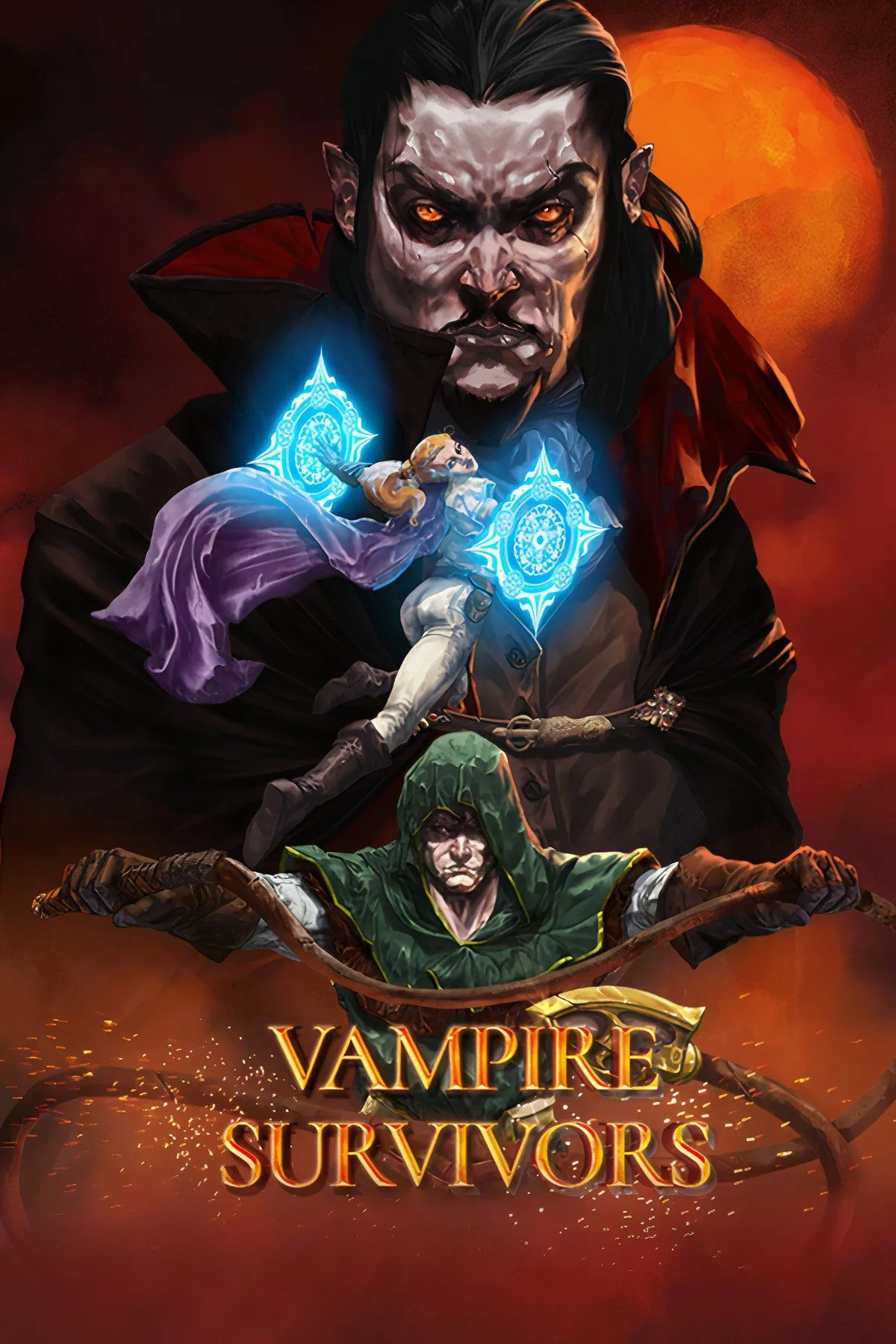 Hình ảnh gameplay Vampire Survivors hiển thị nhân vật đang chiến đấu với hàng đàn quái vật