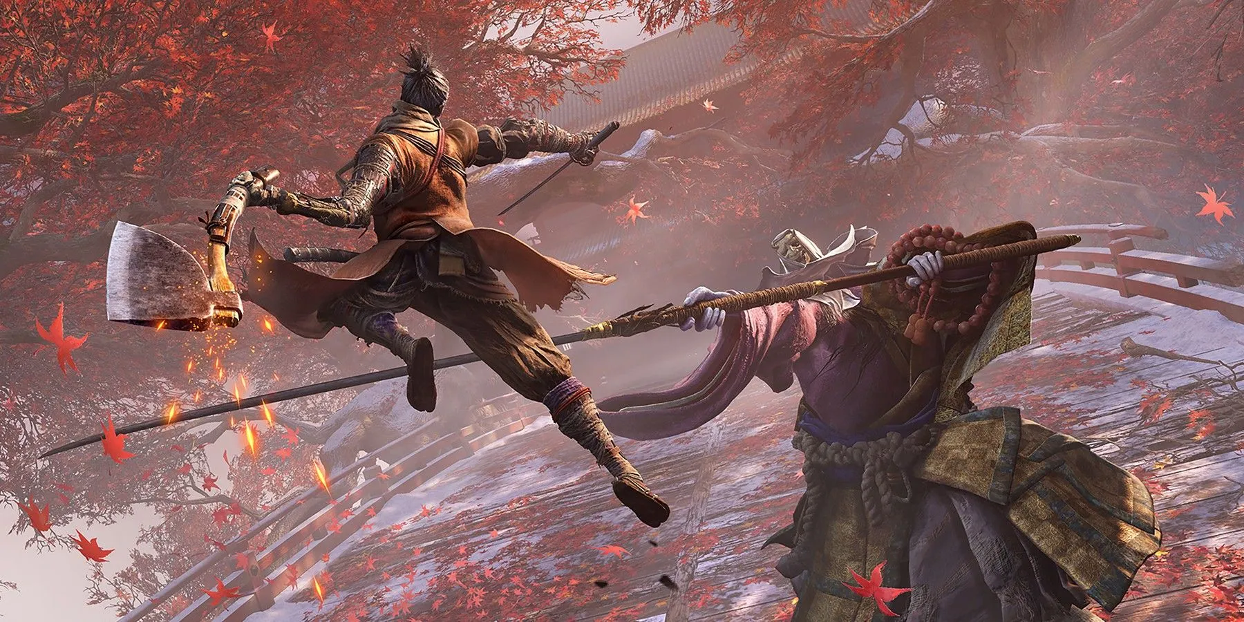 Hình ảnh key art game Sekiro: Shadows Die Twice, chiến binh Shinobi Wolf chiến đấu với kẻ thù lớn.