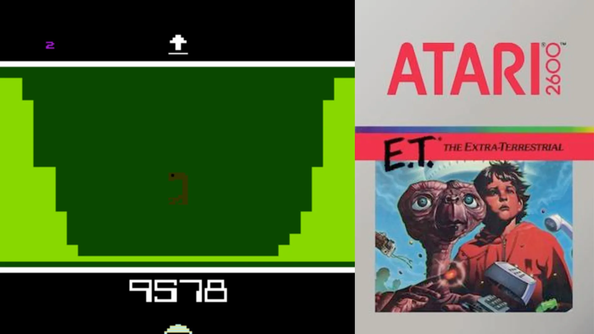 Hình ảnh màn hình game E.T. The Extra-Terrestrial trên Atari 2600 cạnh bìa game