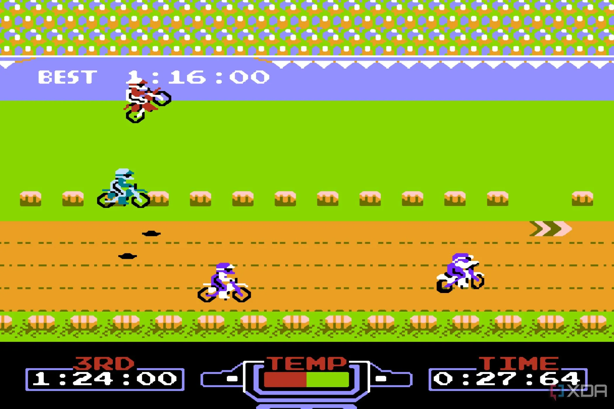 Hình ảnh màn hình gameplay của Excitebike trên hệ máy NES, mô tả xe mô tô đang vượt chướng ngại vật.