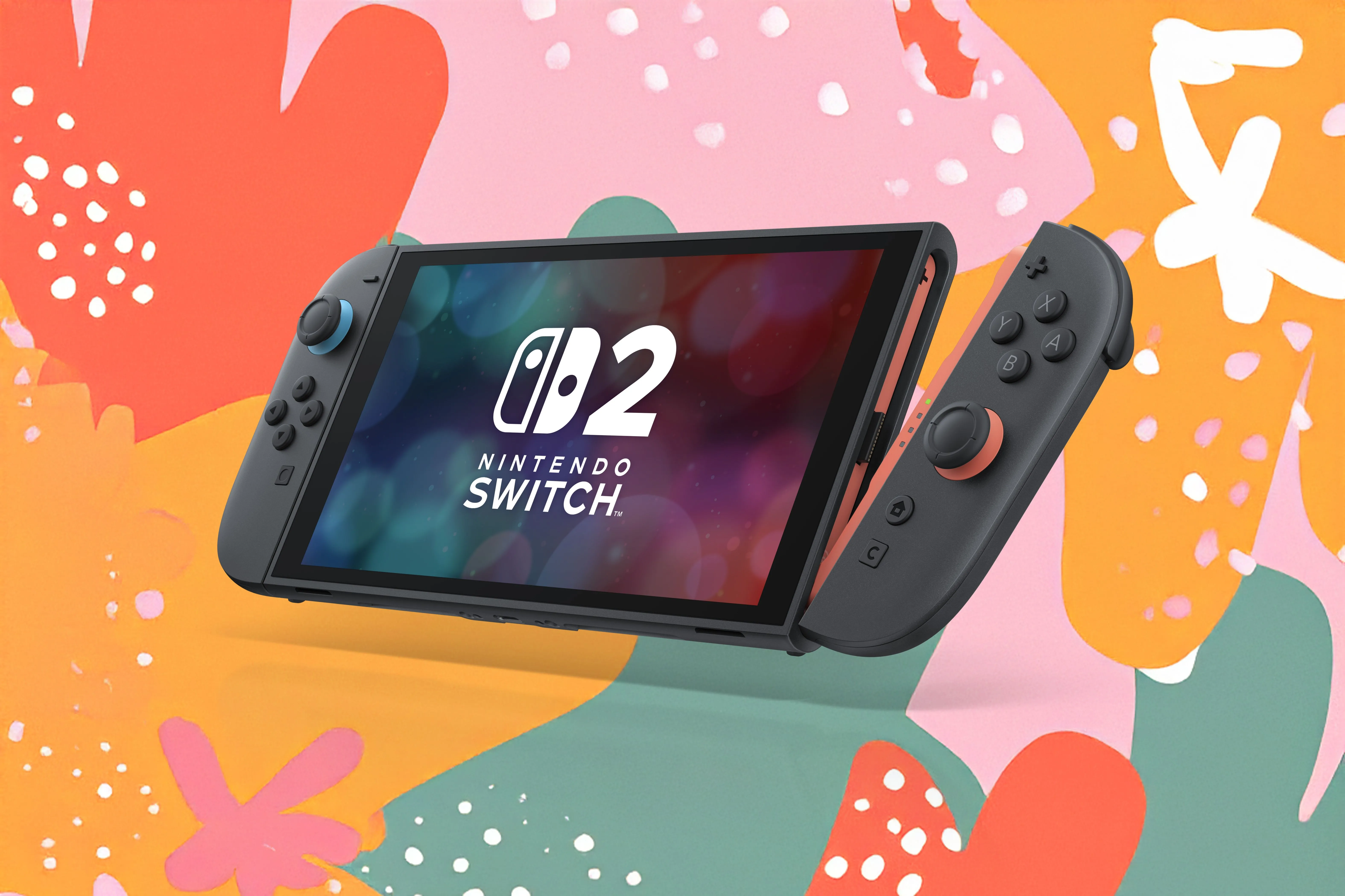 Hình ảnh máy chơi game Nintendo Switch 2 với một tay cầm Joy-Con đang được tháo rời, trên nền màu sắc sống động.