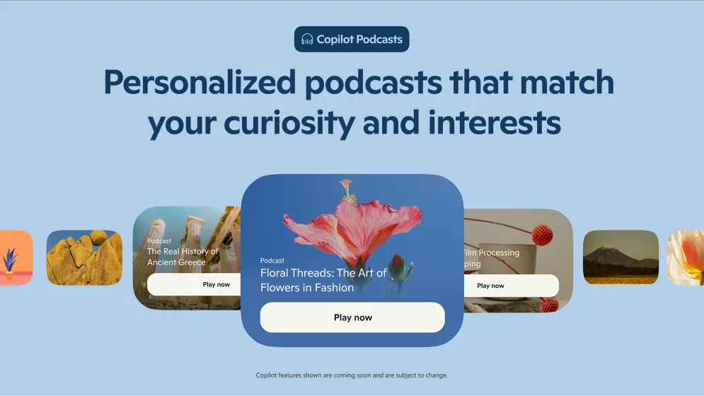 Hình ảnh minh họa tính năng AI Podcasts của Copilot, chuyển đổi văn bản thành nội dung âm thanh