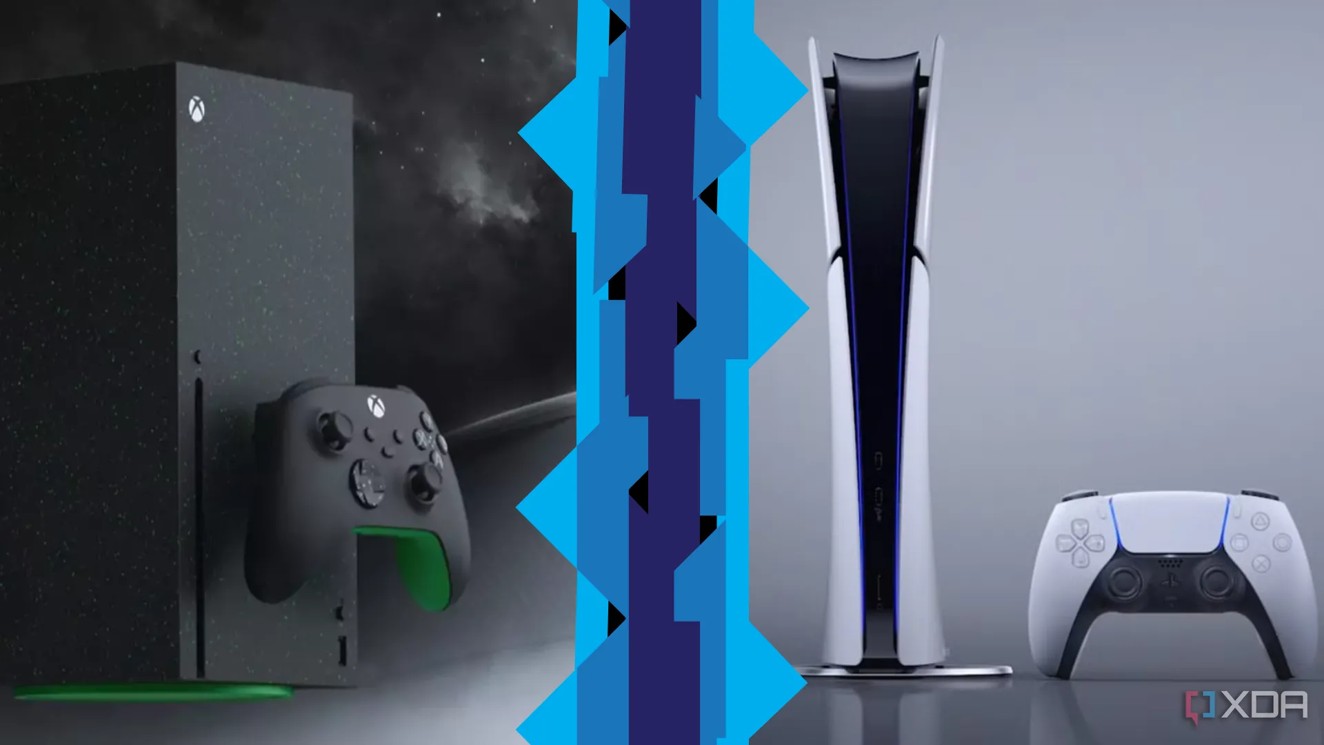 Hình ảnh minh họa Xbox Series X và PlayStation 5 đặt cạnh nhau, thể hiện sự cạnh tranh giữa hai hệ máy console