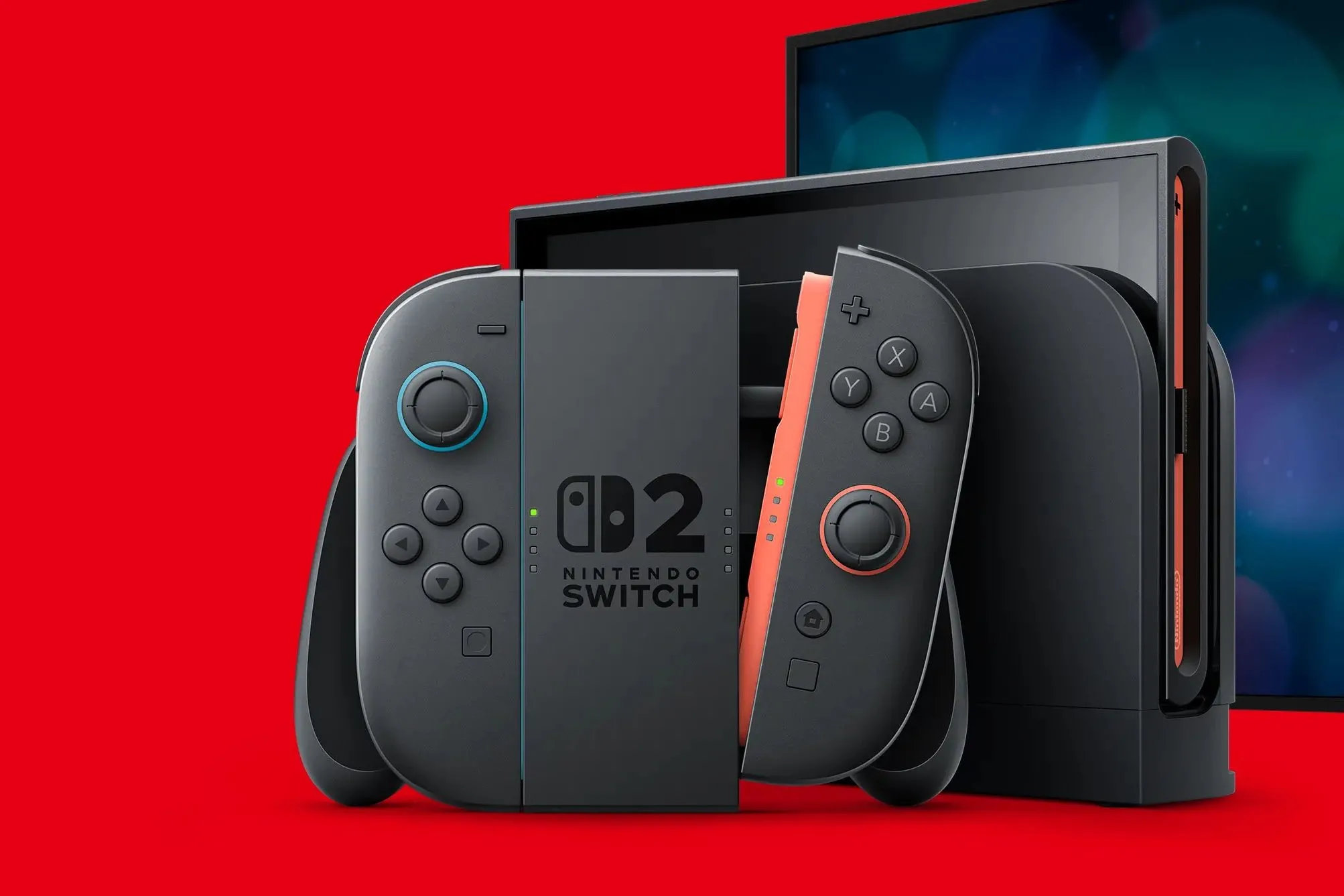 Hình ảnh mô phỏng Nintendo Switch 2 trong dock kèm tay cầm Joy-Con, thể hiện xu hướng game cầm tay hiện đại