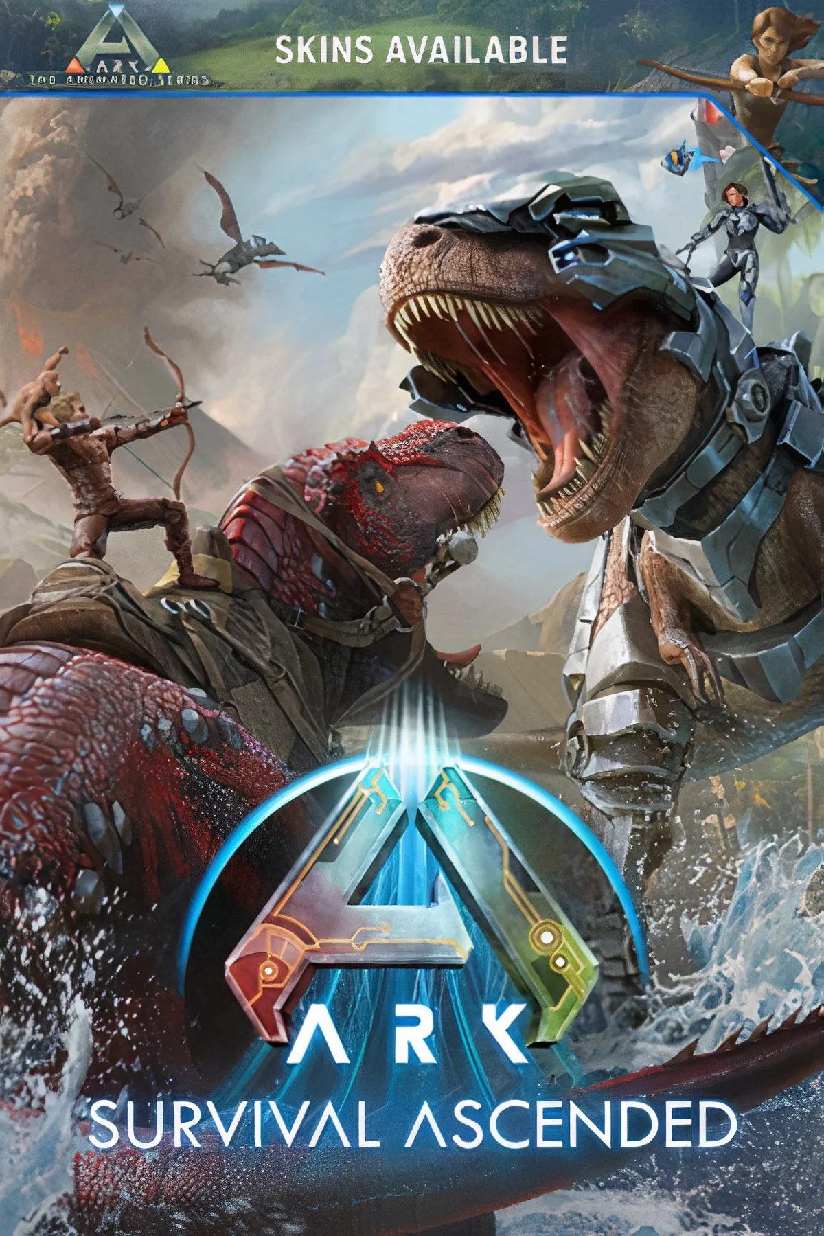 Hình ảnh một con khủng long T-Rex khổng lồ đang gầm thét trong một khu rừng rậm rạp, bầu trời xám xịt.