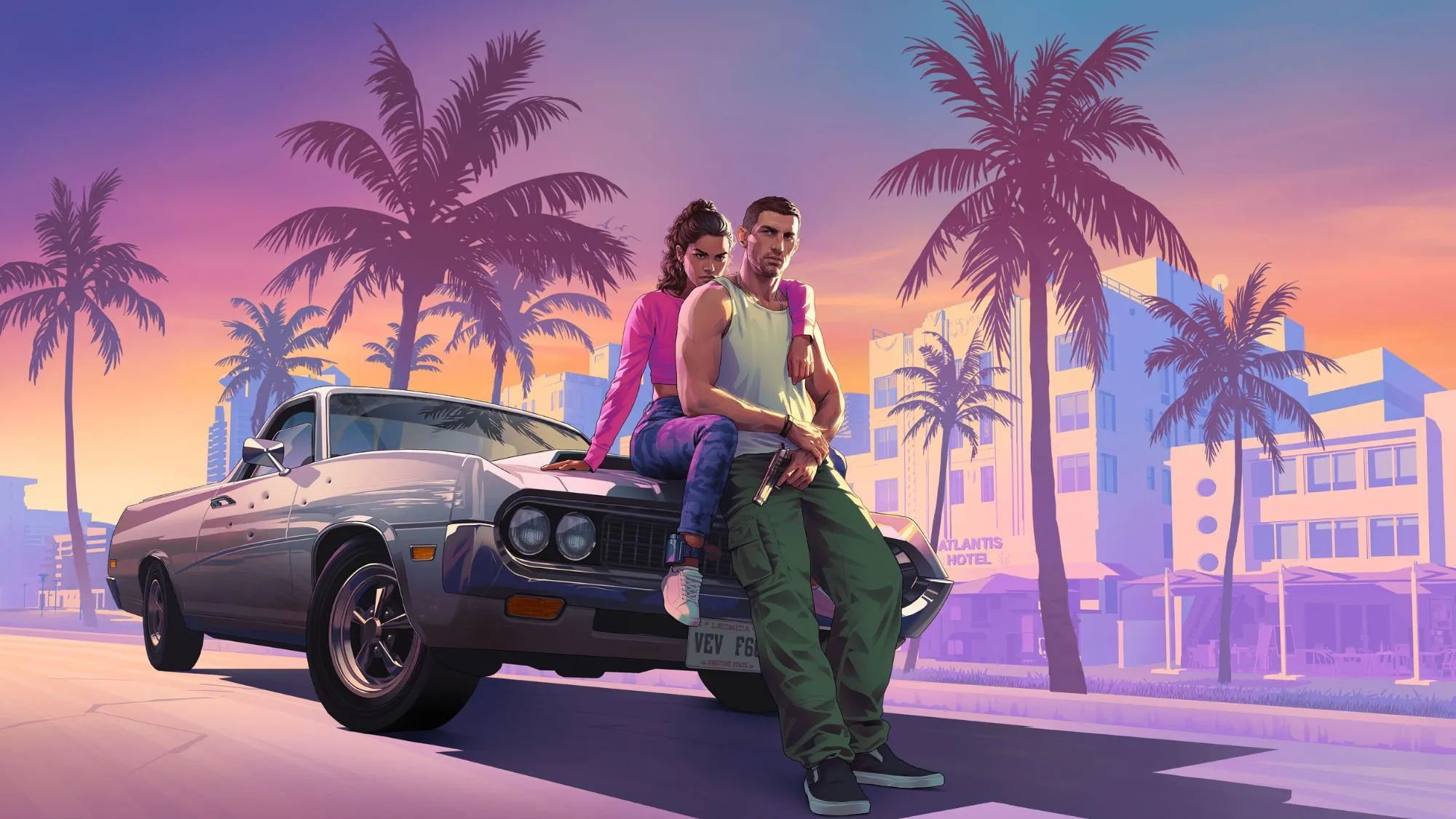 Hình ảnh nhân vật chính của game Grand Theft Auto VI trên mui xe