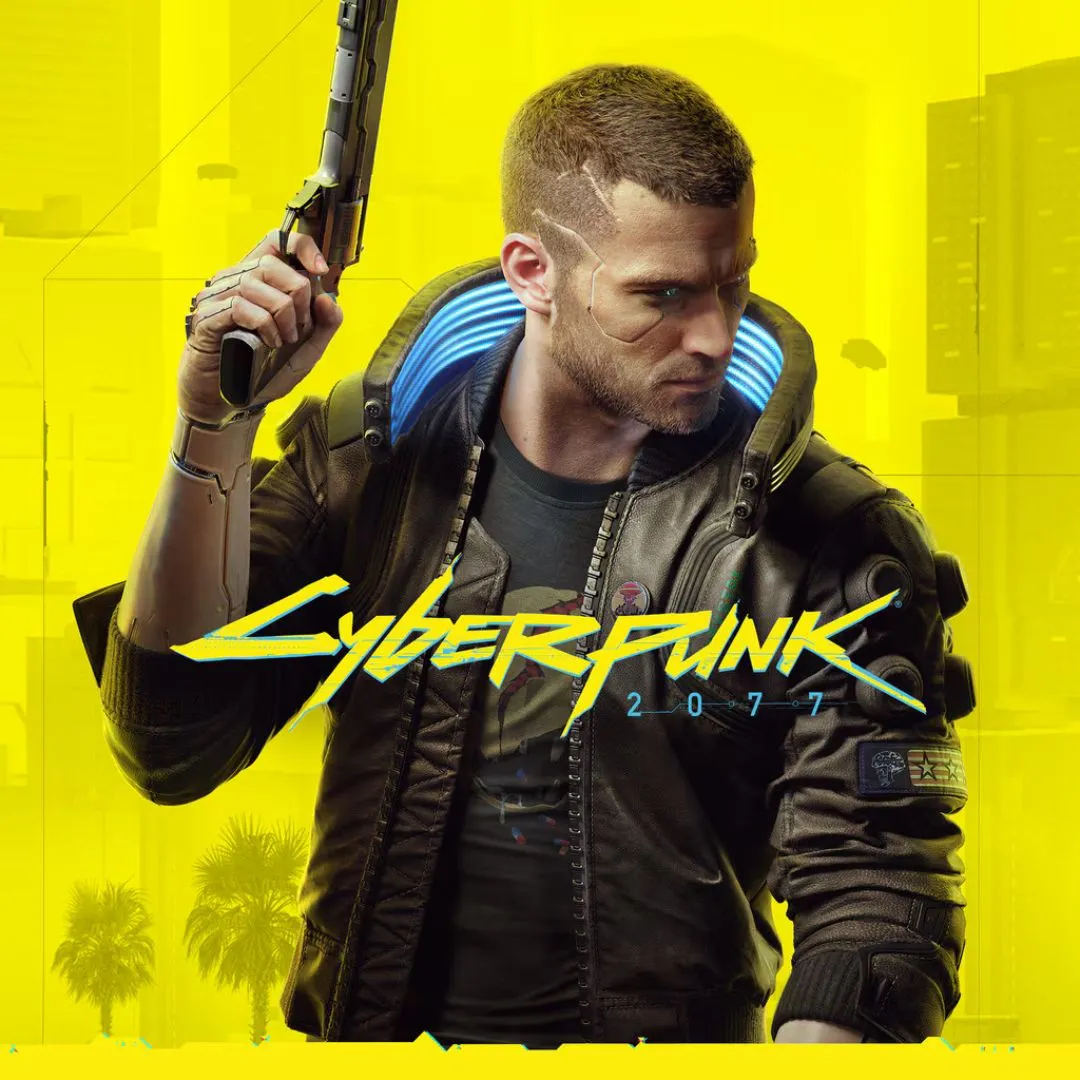 Hình ảnh nhân vật V từ Cyberpunk 2077 với khẩu súng lục trong thành phố Night City rực rỡ ánh đèn neon.