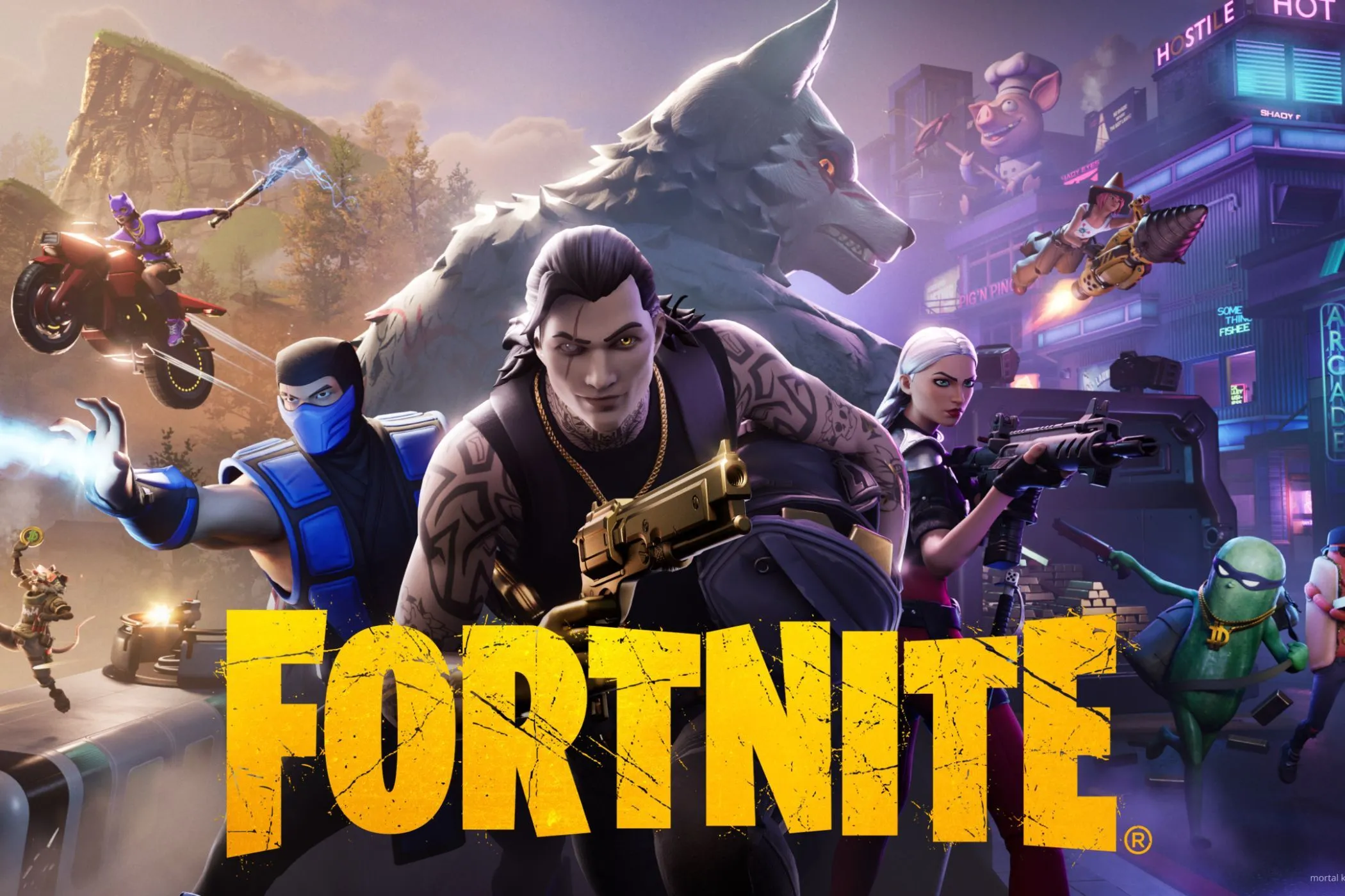 Hình ảnh quảng bá game Fortnite với các chiến binh và chó sói