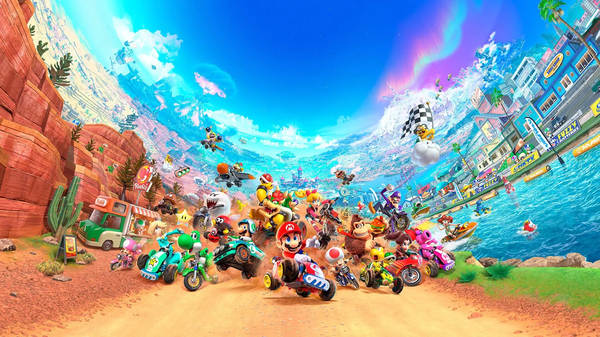 Hình ảnh quảng bá (key art) của tựa game Mario Kart World, một trong những trò chơi nổi bật sẽ ra mắt trên Nintendo Switch 2