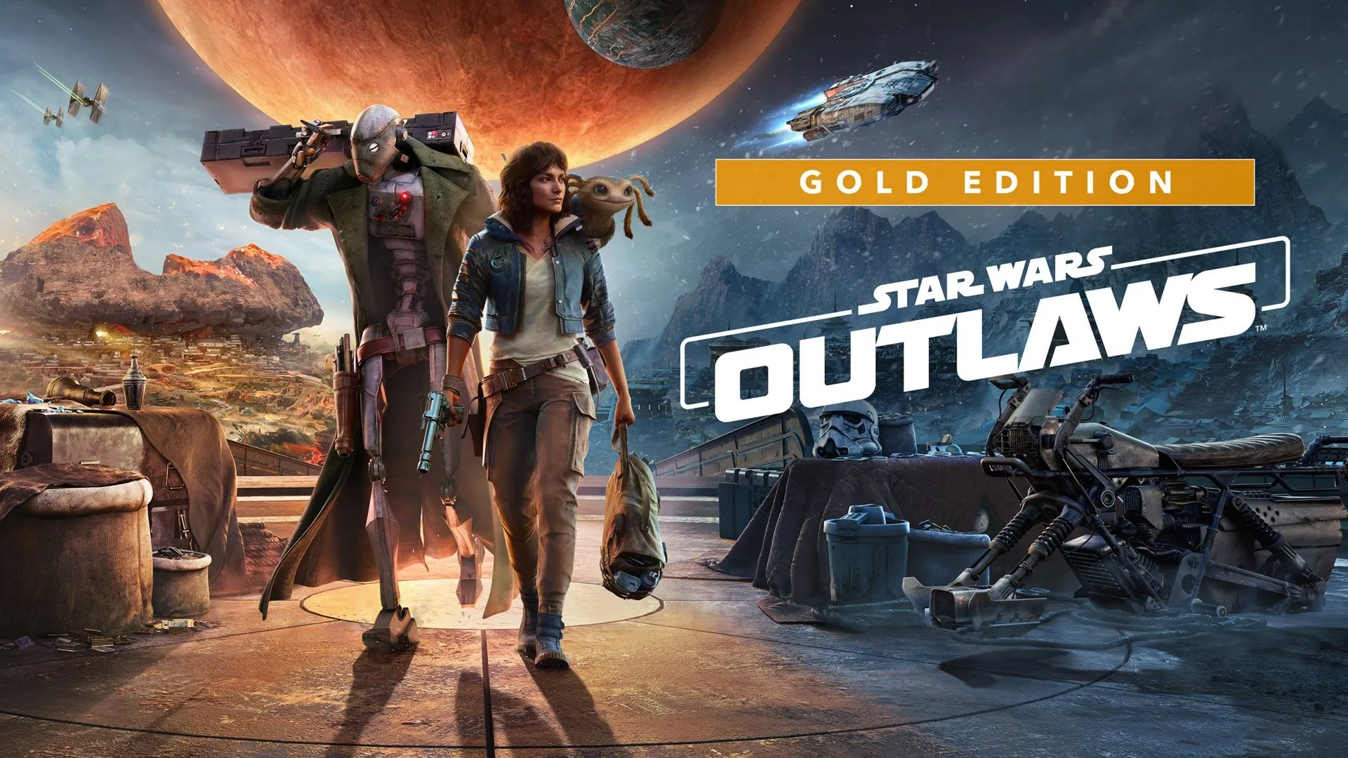 Hình ảnh quảng cáo Star Wars Outlaws Gold Edition, minh họa các phiên bản game cao cấp và DLC
