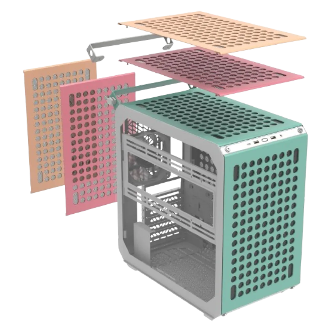 Hình ảnh render case Cooler Master Qube 500 tháo rời với ba tùy chọn màu sắc, minh họa tính linh hoạt