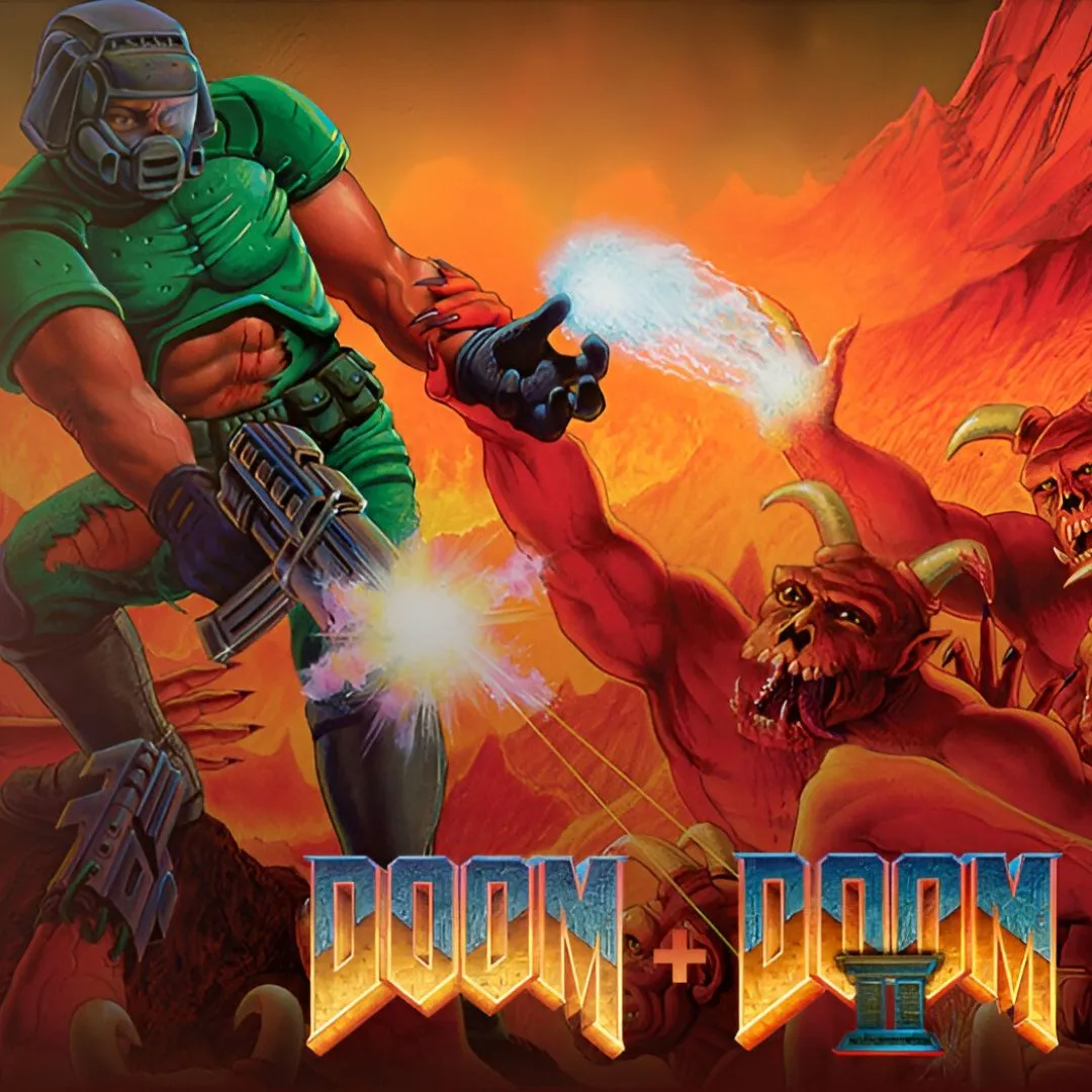 Hình ảnh sản phẩm của bộ sưu tập game Doom I và Doom II, thể hiện bìa đĩa và logo