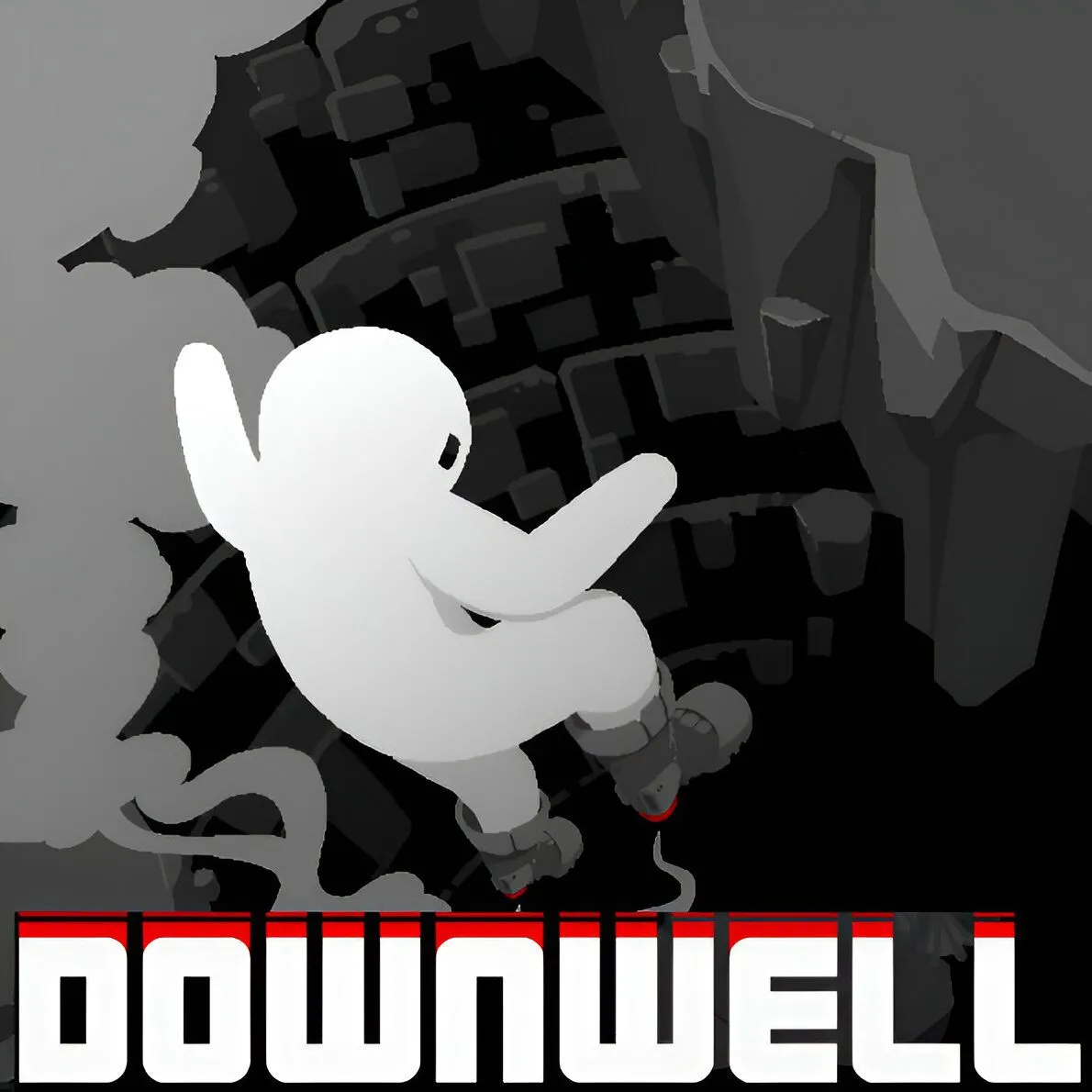 Hình ảnh sản phẩm của game Downwell, hiển thị đồ họa pixel art đơn giản nhưng cuốn hút với nhân vật chính rơi xuống.