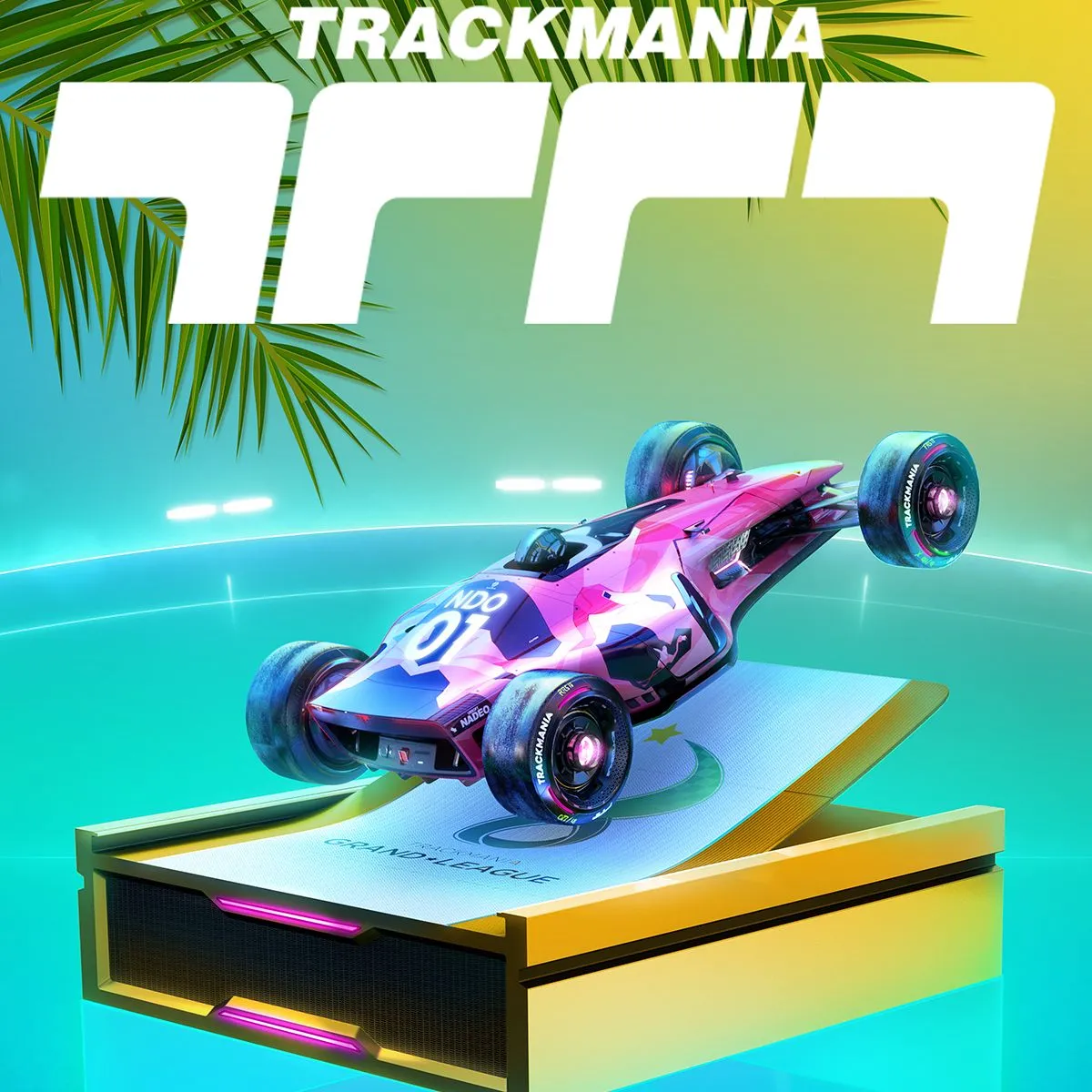 Hình ảnh sản phẩm của game Trackmania, hiển thị một chiếc xe đua tốc độ cao trên đường đua phức tạp với những khúc cua và dốc đứng.