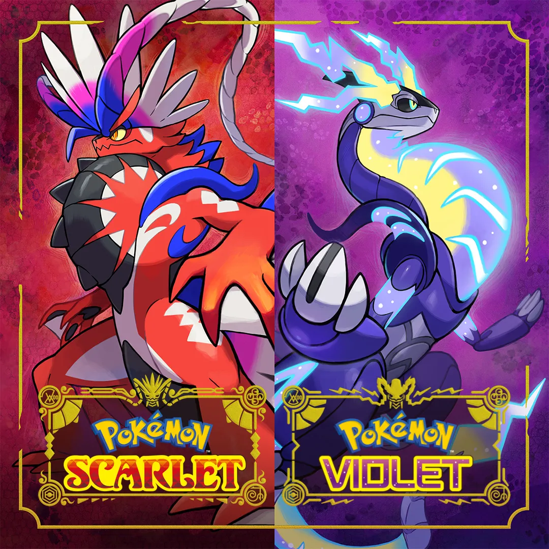 Hình ảnh sản phẩm Pokémon Scarlet với Koraidon và Miraidon.