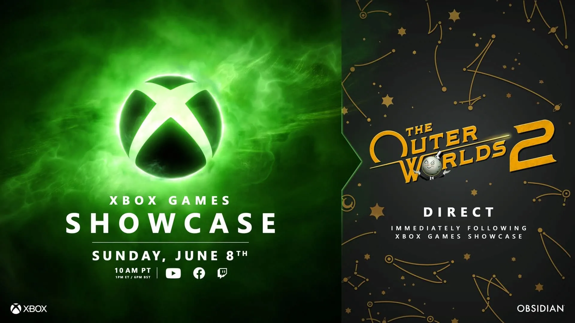 Hình ảnh thông báo Xbox Games Showcase 2025 cùng với logo The Outer Worlds 2 Direct, nhấn mạnh sự kiện và game được mong đợi.