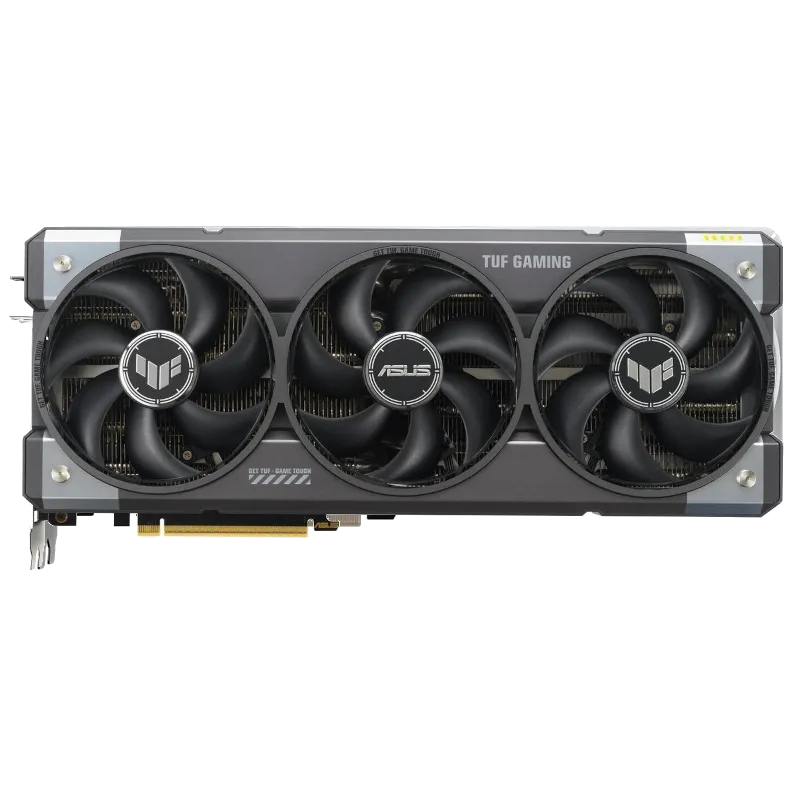 Hình ảnh thực tế của card đồ họa Asus TUF Gaming RTX 5070 Ti OC Edition màu đen, cho thấy kích thước và cấu trúc tản nhiệt.