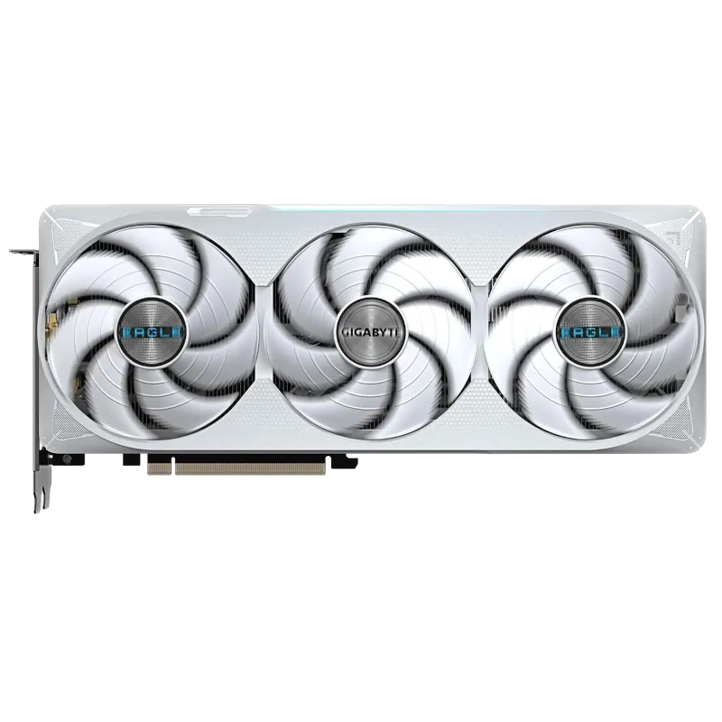 Hình ảnh thực tế của card Gigabyte GeForce RTX 5070 Ti Eagle OC Ice SFF, nổi bật với tông màu trắng tinh tế và kích thước gọn gàng.