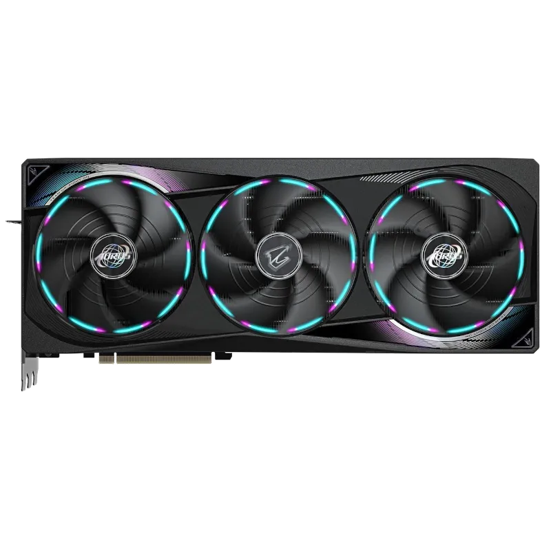 Hình ảnh thực tế của GPU Gigabyte Aorus RTX 5070 Ti Master, hiển thị mặt trên và hệ thống tản nhiệt WINDFORCE.