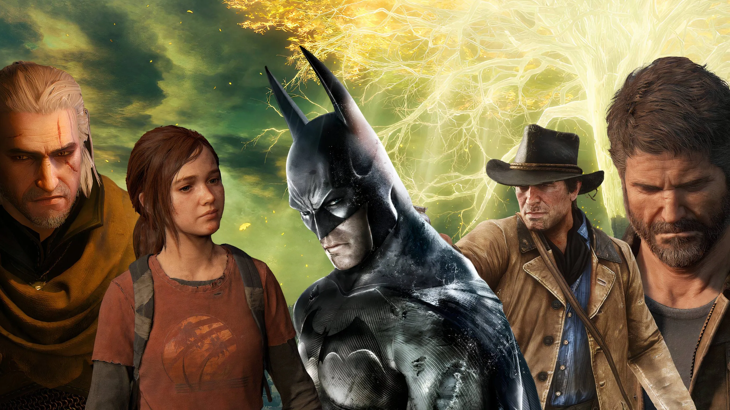 Hình ảnh tổng hợp các nhân vật game huyền thoại như Geralt (The Witcher), Ellie (The Last of Us), Batman (Arkham series), Arthur Morgan (Red Dead Redemption 2) và Joel Miller (The Last of Us), đại diện cho các tựa game đơn tuyệt vời với cốt truyện sâu sắc.