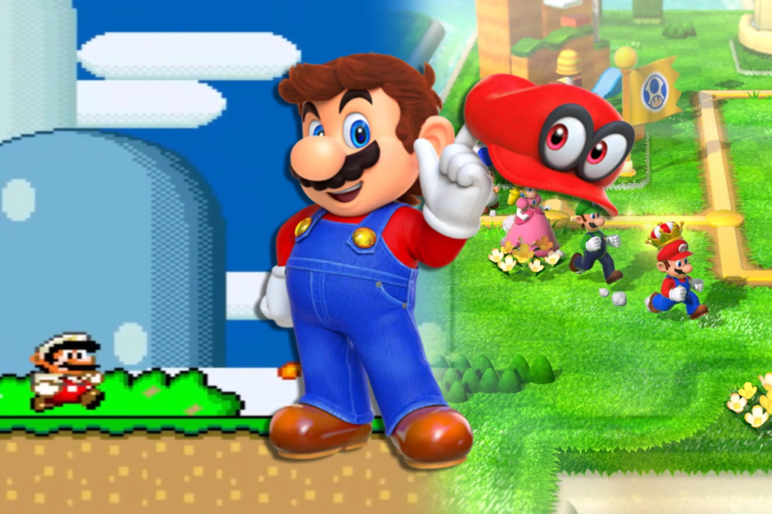 Hình ảnh tổng hợp các tựa game Super Mario kinh điển như Super Mario World, Super Mario 3D và Mario Odyssey, biểu tượng game Nintendo Switch 2