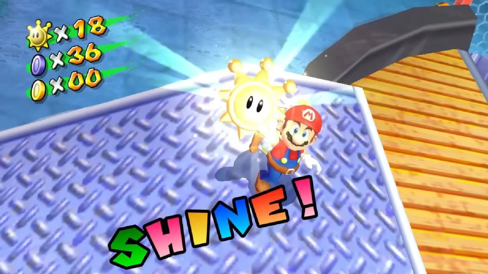 Hình ảnh từ game Super Mario Sunshine cho thấy Mario nhận được vật phẩm Shine Sprite, biểu tượng của gameplay sáng tạo Nintendo.