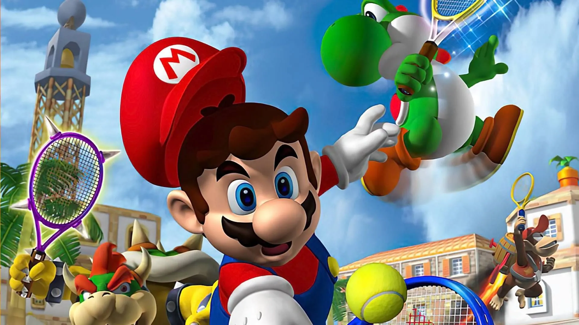 Hình minh họa Mario Power Tennis với các nhân vật quen thuộc như Bowser, Yoshi và Diddy Kong