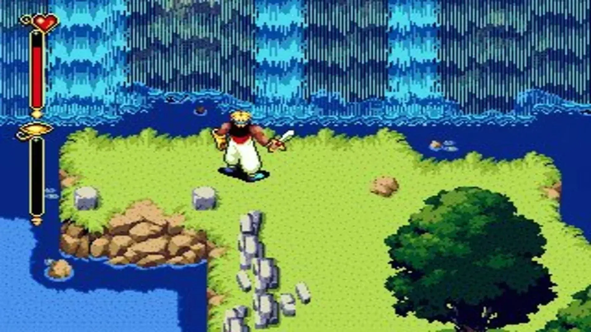 Hoàng tử Ali khám phá thế giới rộng lớn trong game Beyond Oasis trên Sega Genesis