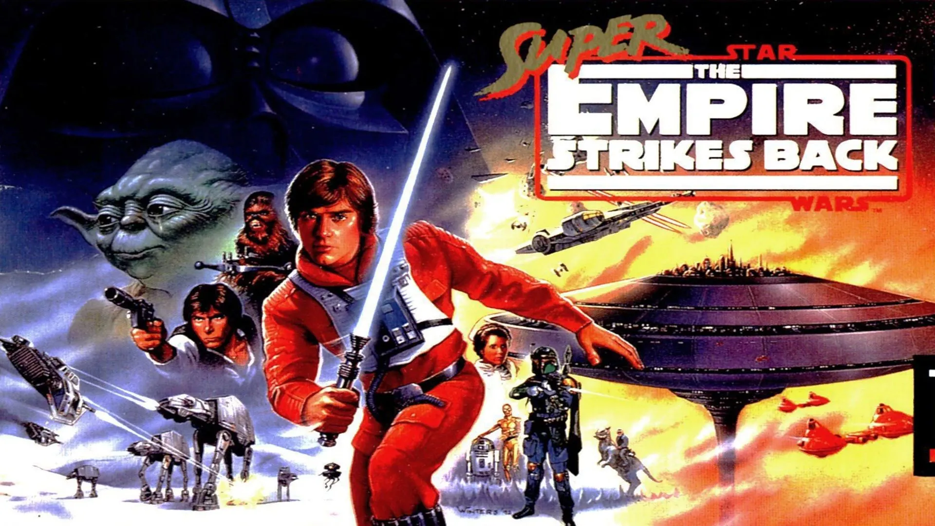Hộp bìa game Super Star Wars The Empire Strikes Back, gợi nhắc đến kỷ nguyên game platformer hành động Star Wars.