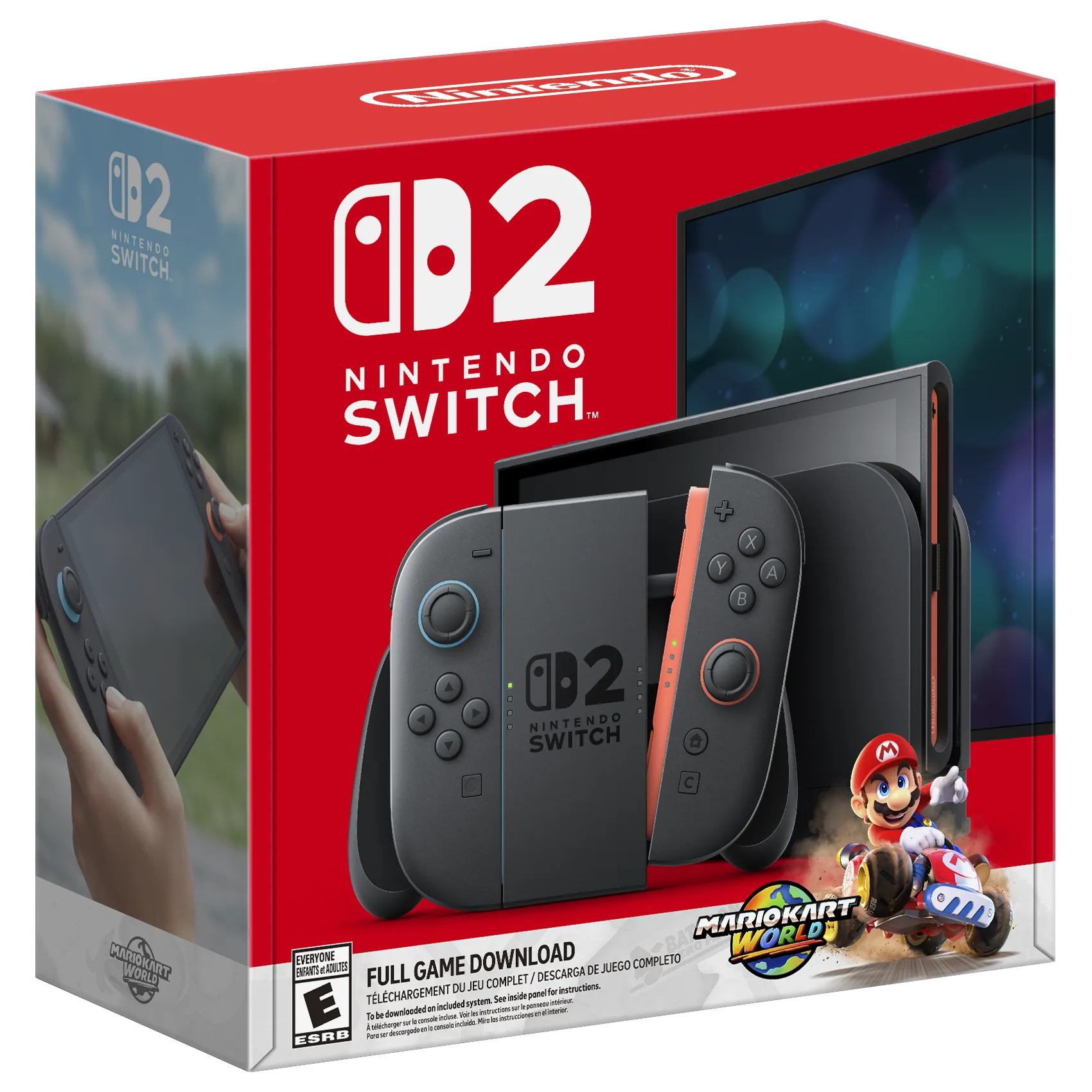 Hộp đóng gói của gói Nintendo Switch 2 Mario Kart World Bundle, hiển thị hình ảnh máy console và logo trò chơi Mario Kart World
