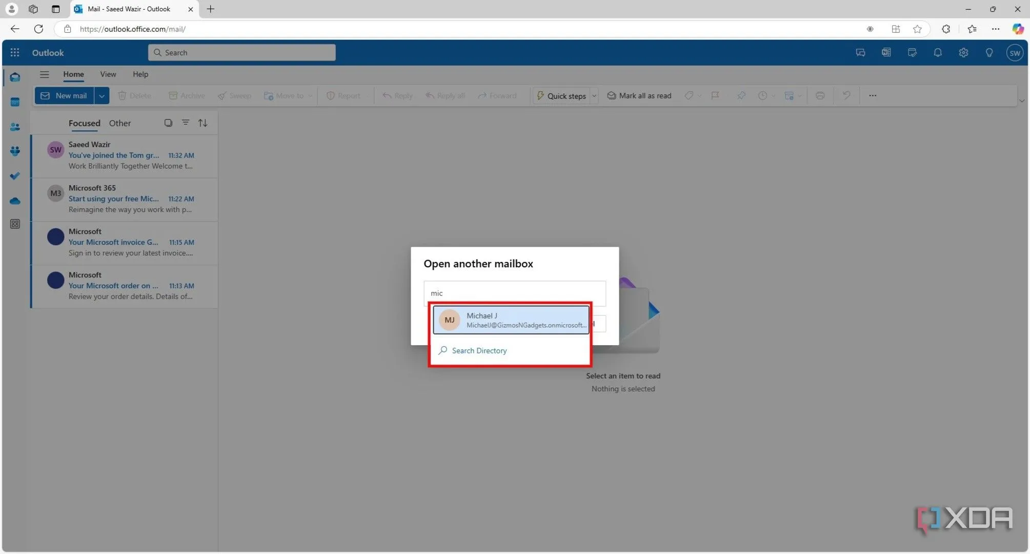 Hộp thoại &quot;Open another mailbox&quot; trên Outlook web, yêu cầu nhập tên hộp thư dùng chung