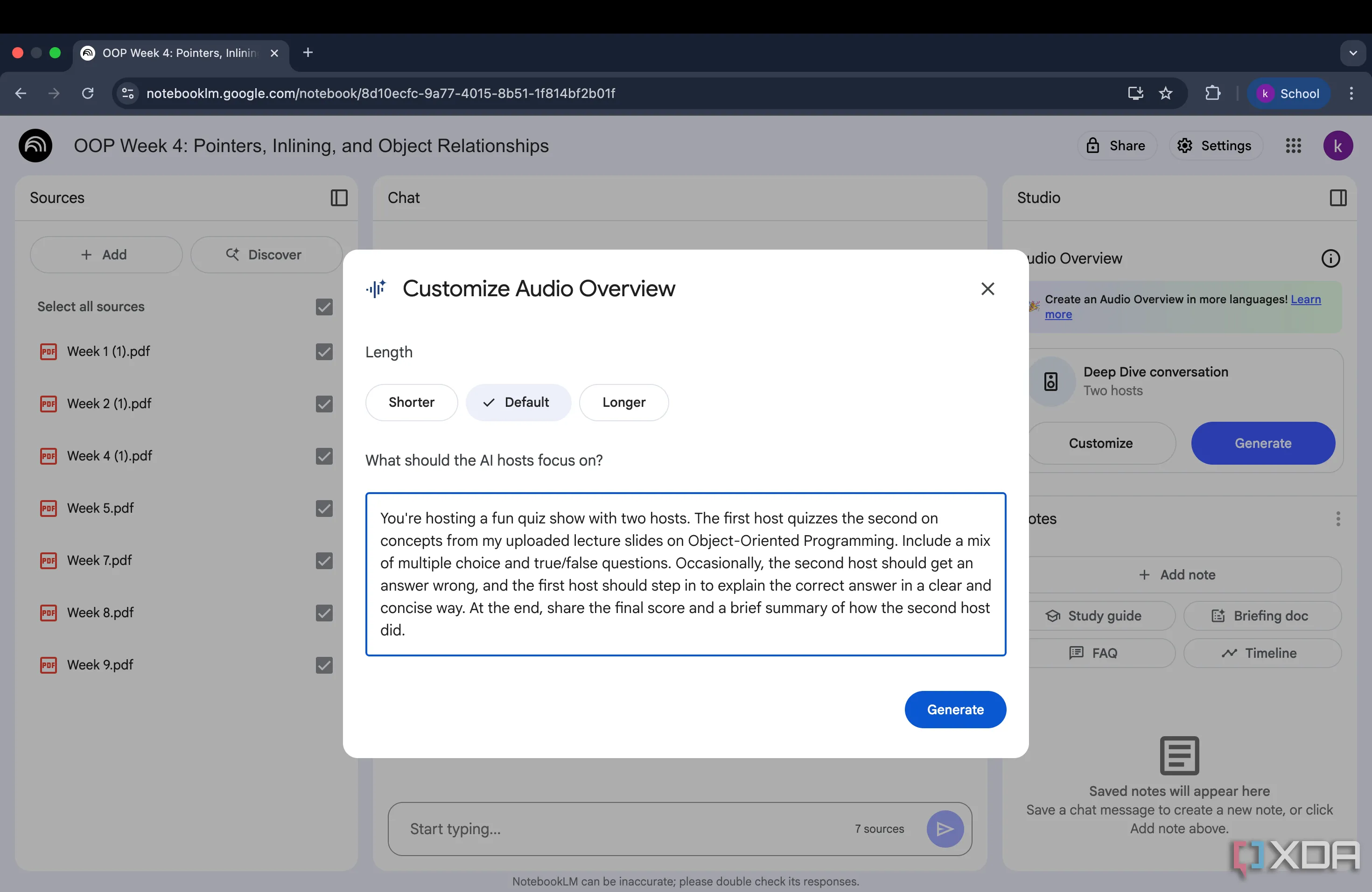 Hộp tùy chỉnh tính năng Audio Overview của NotebookLM với ví dụ prompt tạo chương trình đố vui từ tài liệu
