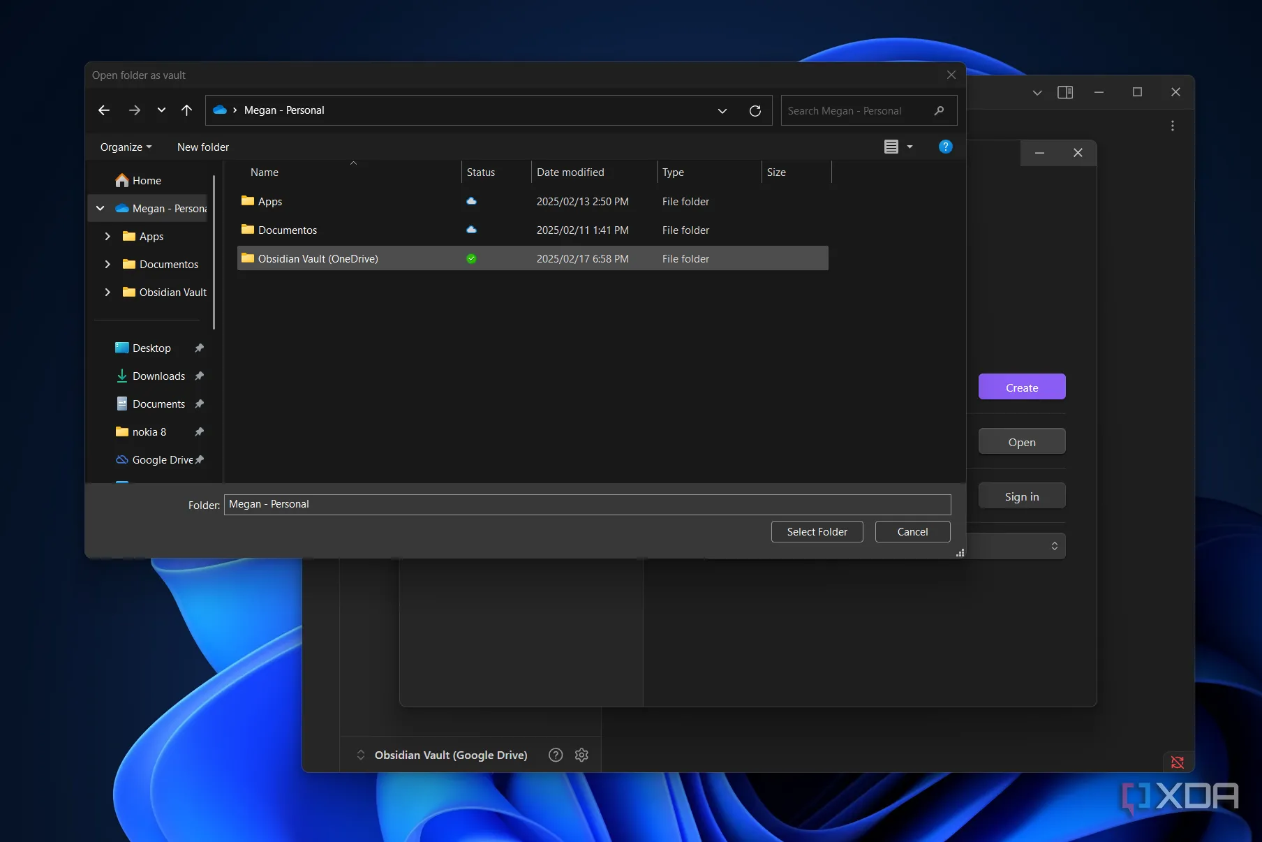 Hướng dẫn chọn thư mục OneDrive để tạo vault Obsidian trên máy tính