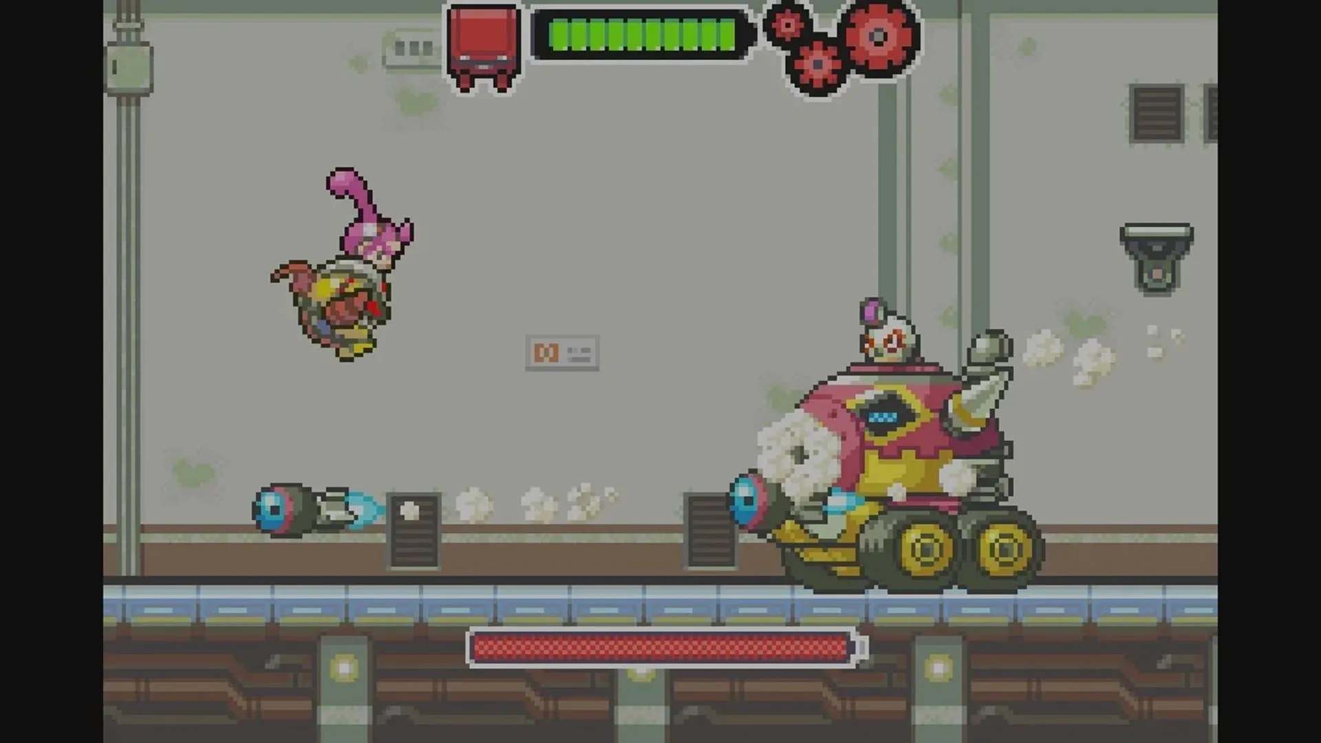 Jill điều khiển Drill Dozer chiến đấu với kẻ thù, một cảnh game platformer hành động hiếm trên GBA của Game Freak