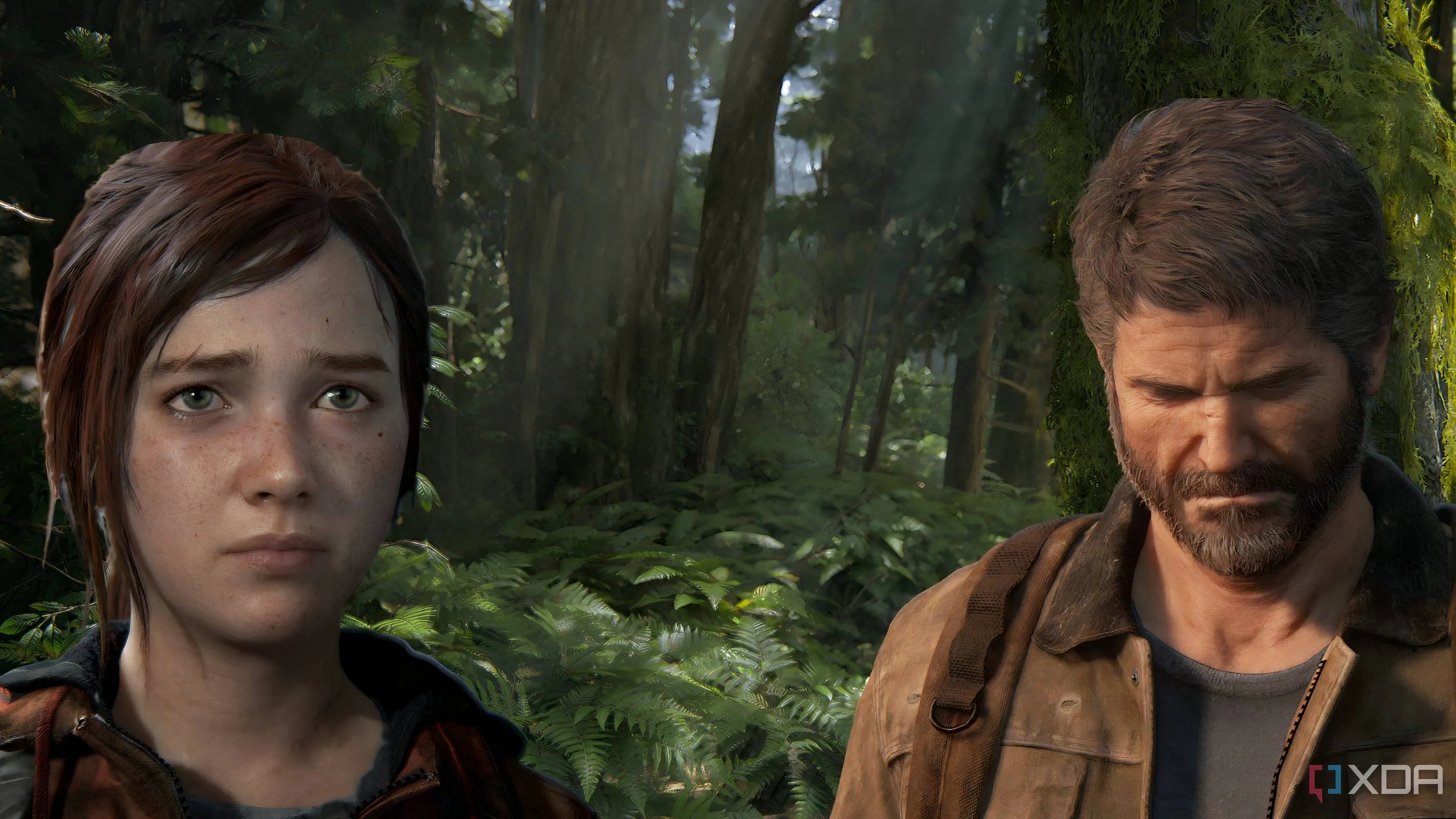 Joel và Ellie đứng giữa rừng cây, thể hiện mối mối quan hệ cha con đầy cảm xúc trong The Last of Us Part I.