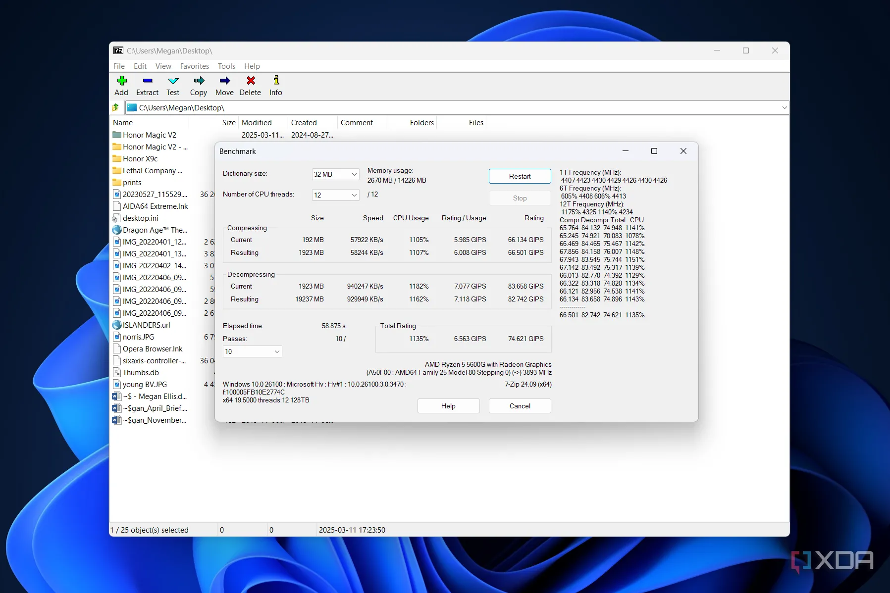 Kết quả benchmark hiệu suất nén và giải nén của 7-Zip, cho thấy tốc độ xử lý dữ liệu nhanh chóng và hiệu quả