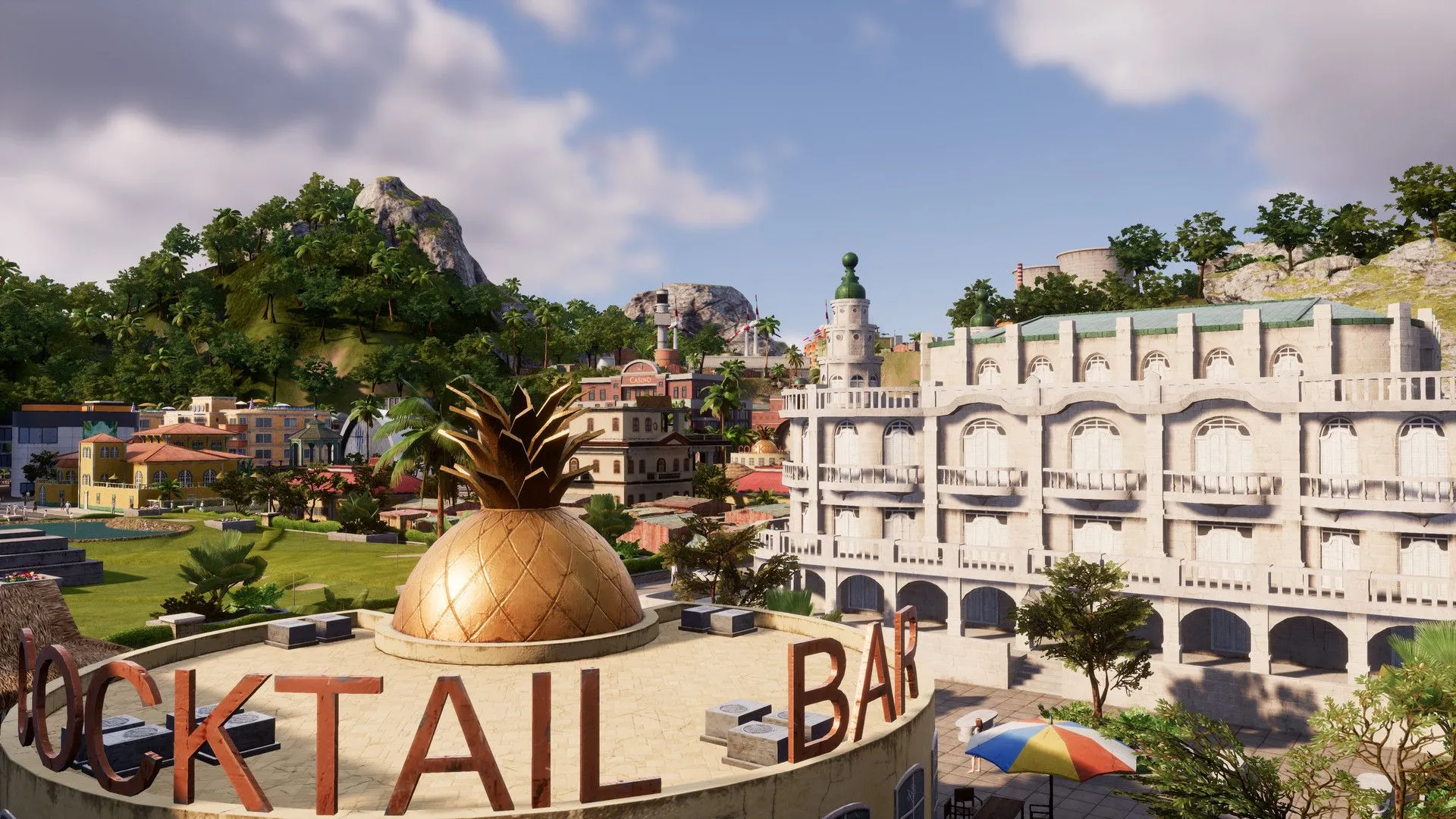 Khu dân cư trên đảo trong Tropico 6, với những ngôi nhà và đường xá