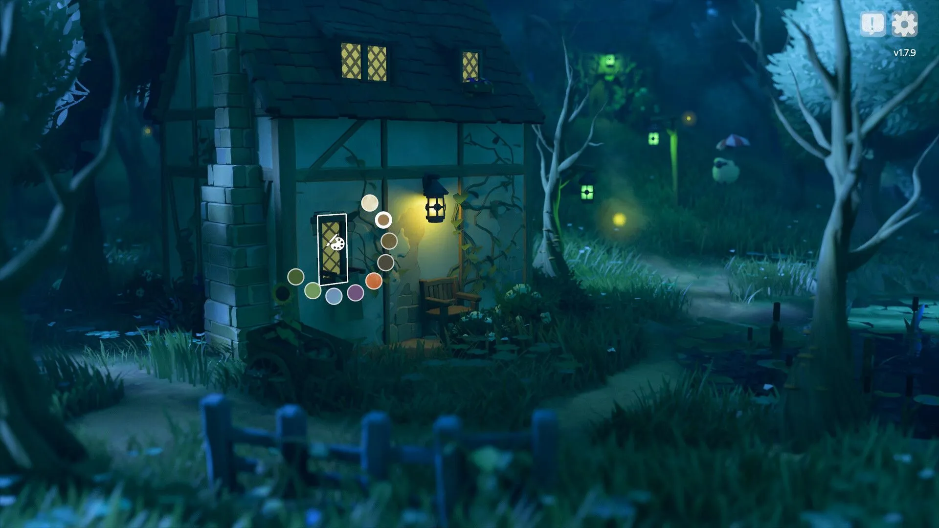 Khung cảnh hoàng hôn trong game Tiny Glade với các tòa nhà và tháp được chiếu sáng rực rỡ